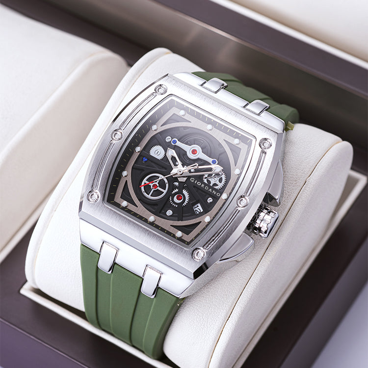 Giordano Sqaure Analog Casual Sporty Watch for Men – Mechanical-Inspired Dial, Date Display, Quartz Movement and Comfortable Silicone Strap | GZ-50151-03