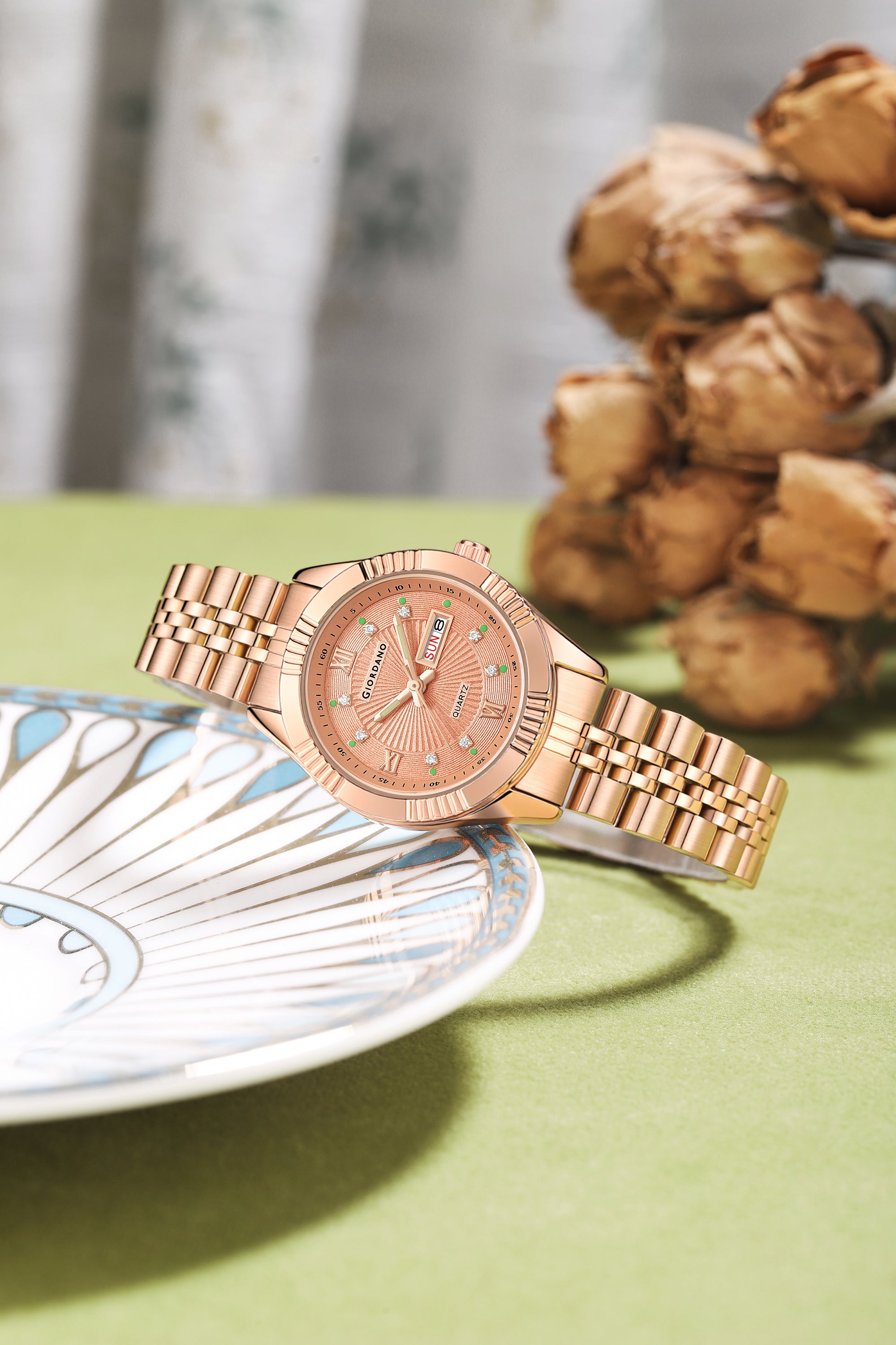 Giordano Analog Quartz Watch for Women with Day & Date Display, Textured Dial, Diamond Hour Markers, Roman Numerals Stainless Steel Strap - GZ-60172-44