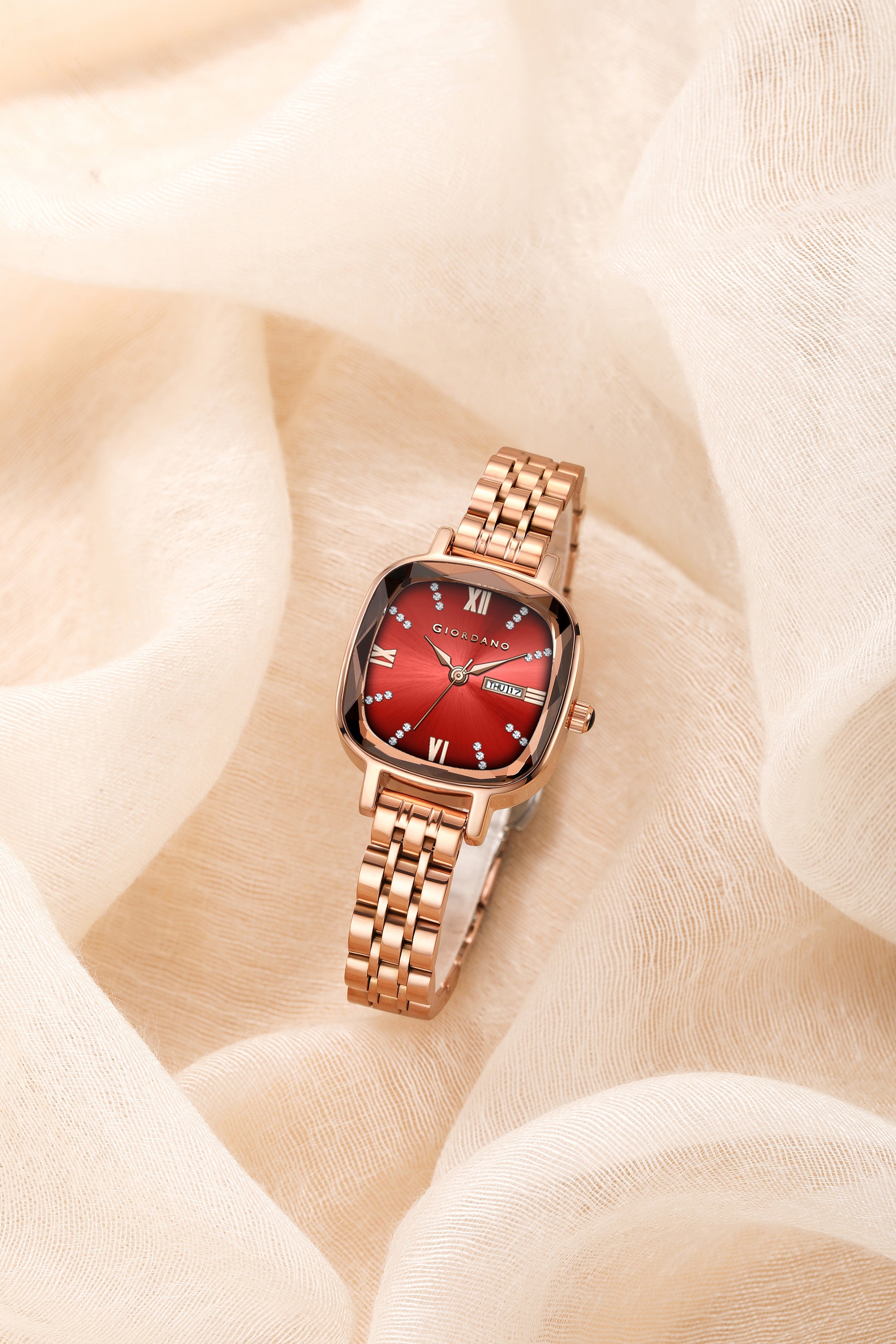 Giordano Elegant Square Watch for Women – Crystal & Roman Hour Markers, Day-Date Display, Stainless Steel Strap | GZ-60097-44