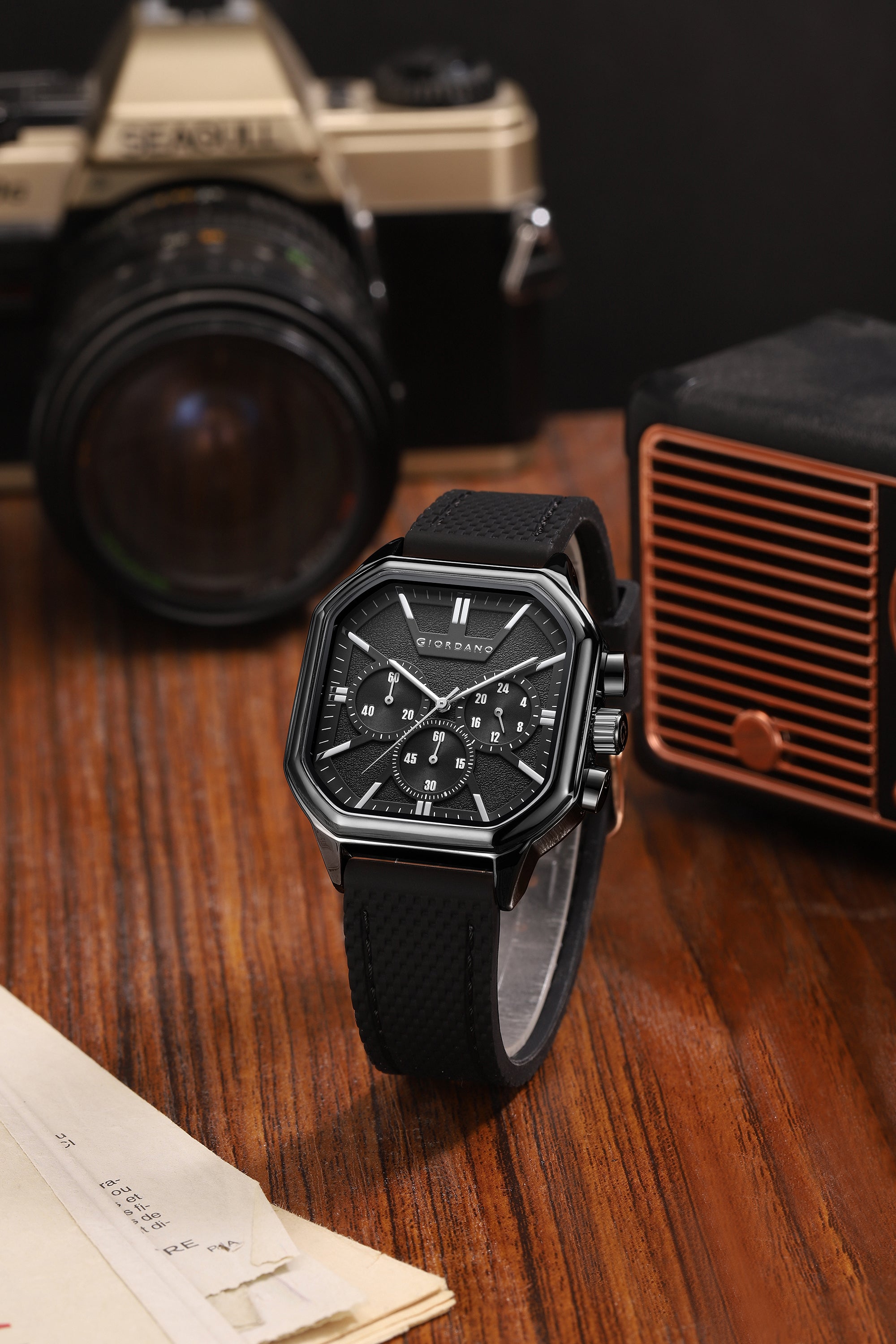 Giordano Analog Chronograph Watch for Men with Square Dial, Multi-Function Subdials, Quartz Movement and Silicone Strap - GZ-50171-11