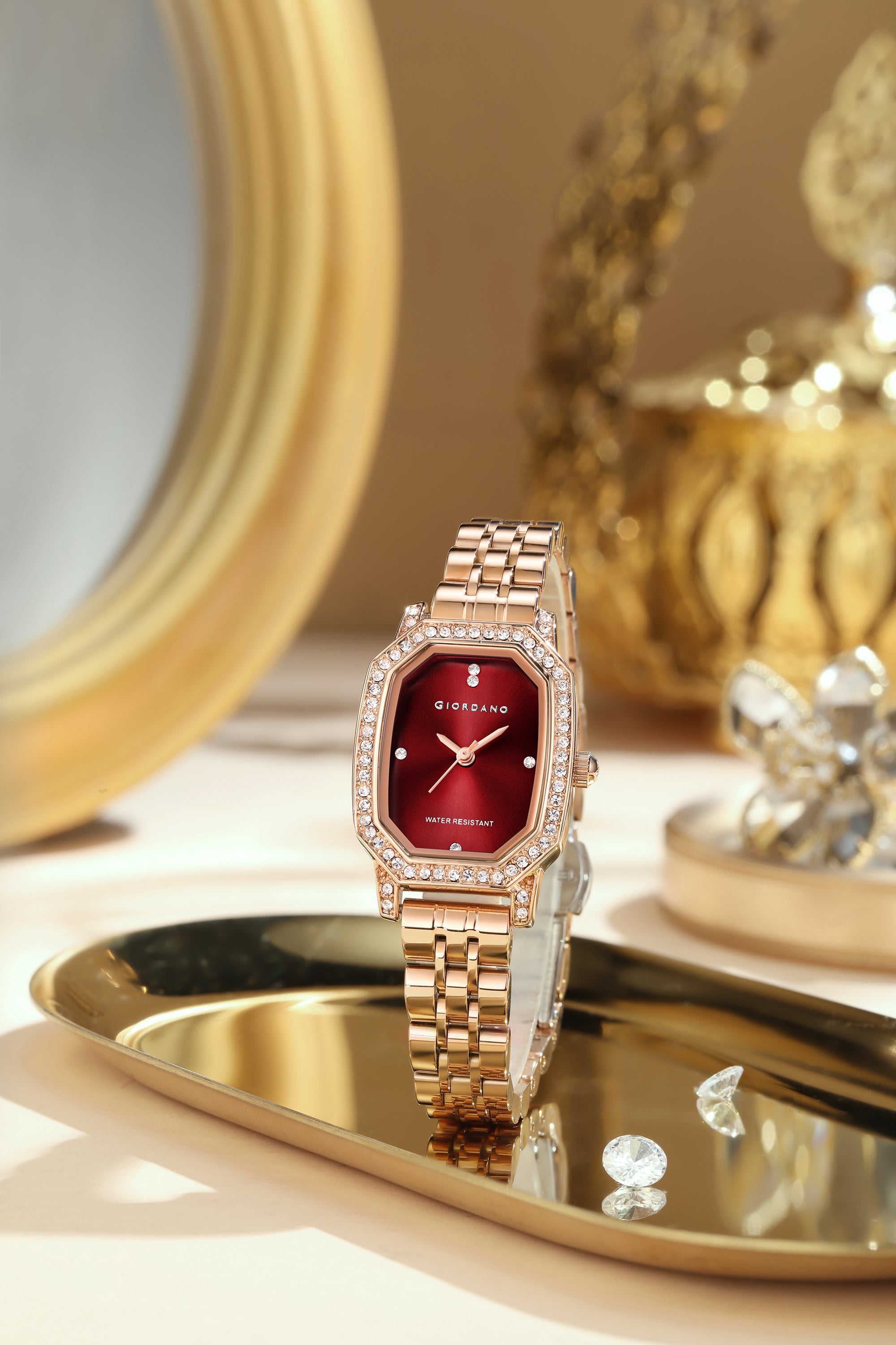 Giordano Elegant Analog Watch for Women – Classic octagonal Dial, diamond bezel and rose gold stainless steel strap | GZ-60114-11