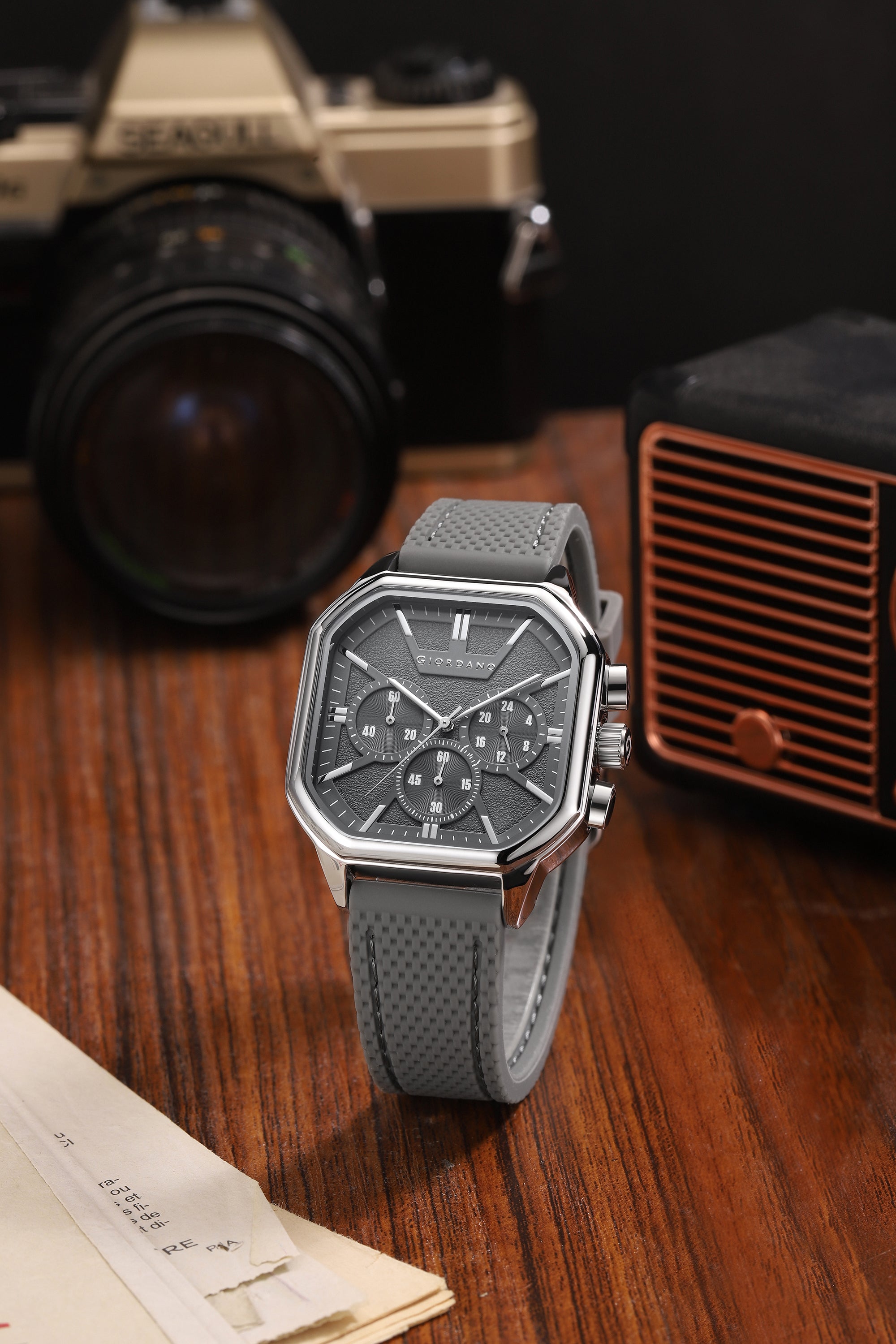 Giordano Analog Chronograph Watch for Men with Square Dial, Multi-Function Subdials, Quartz Movement and Silicone Strap - GZ-50171-22