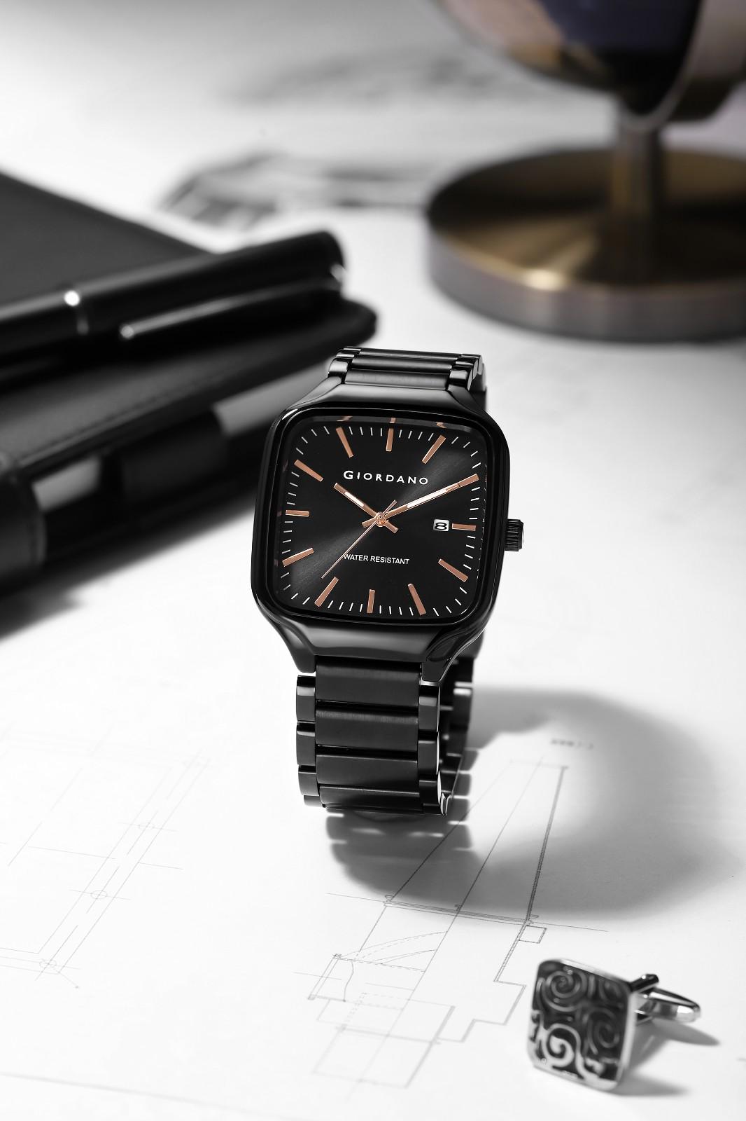 Giordano Analog Watch for Men – Square Dial, Stainless Steel Strap, Date Display, Water Resistant Classic Dress Watch | GZ-50163-11