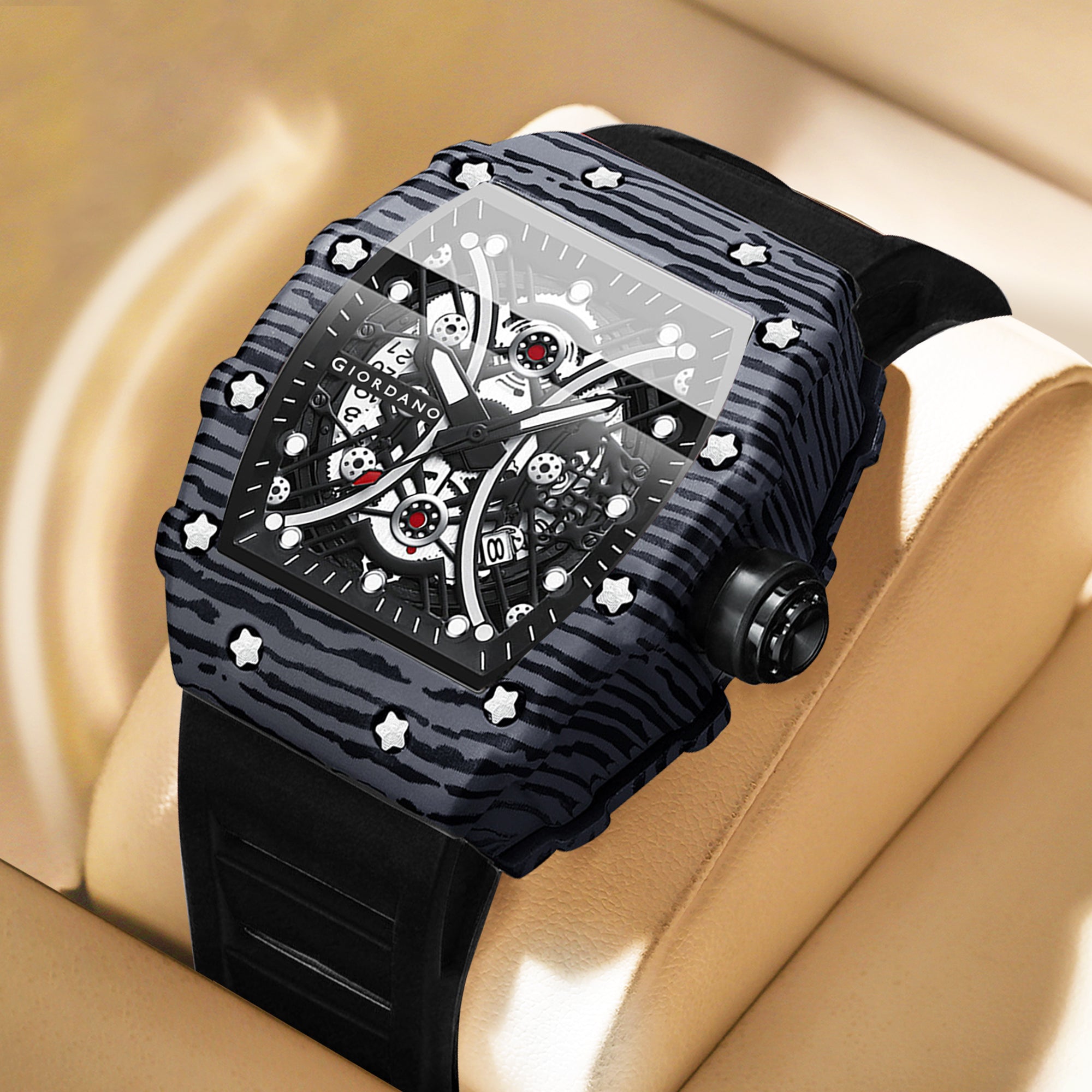 GIORDANO Analog Square Watch for Men with Skeleton Design, Rugged Textured Case, Luminous Hands, and Silicone Strap - GZ-50180-11