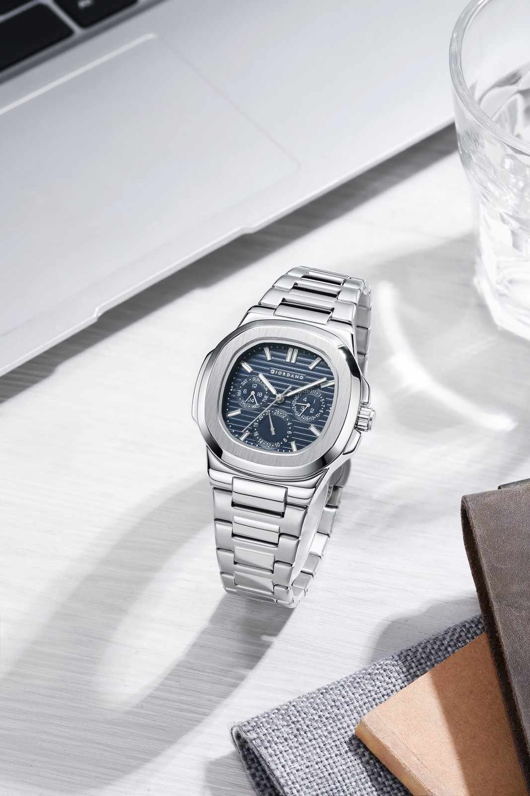 Giordano Analog Multifunction Watch for Men – Textured Dial with Cushion Case, Luminous Index Markers, Stainless Steel Strap, Day & Date Display GZ-50167-33