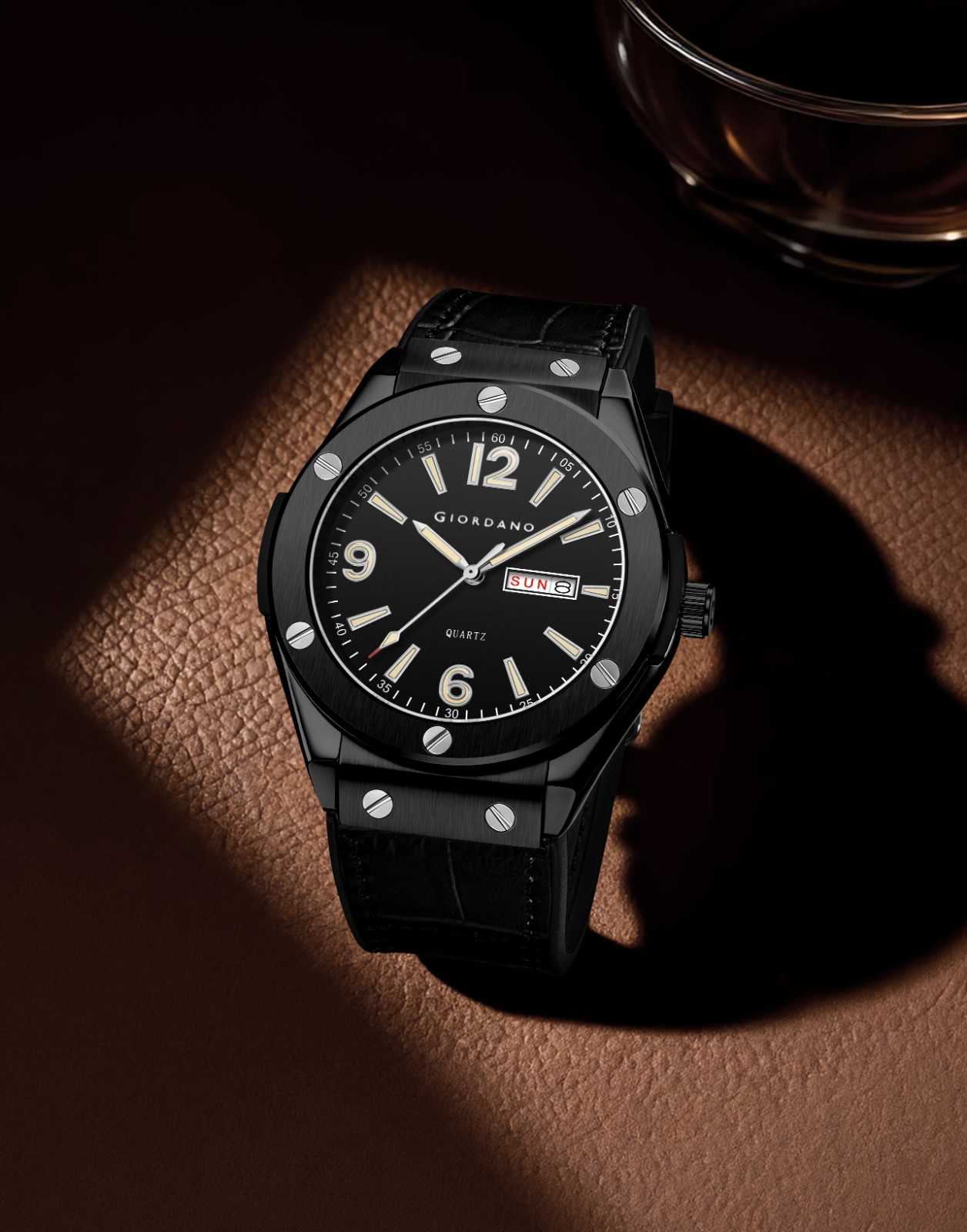 GIORDANO Luxury Watch for Men with Leather Strap, Day-Date Display, Brushed Metal Finish, and Silver Screw Details - GZ-50176-01