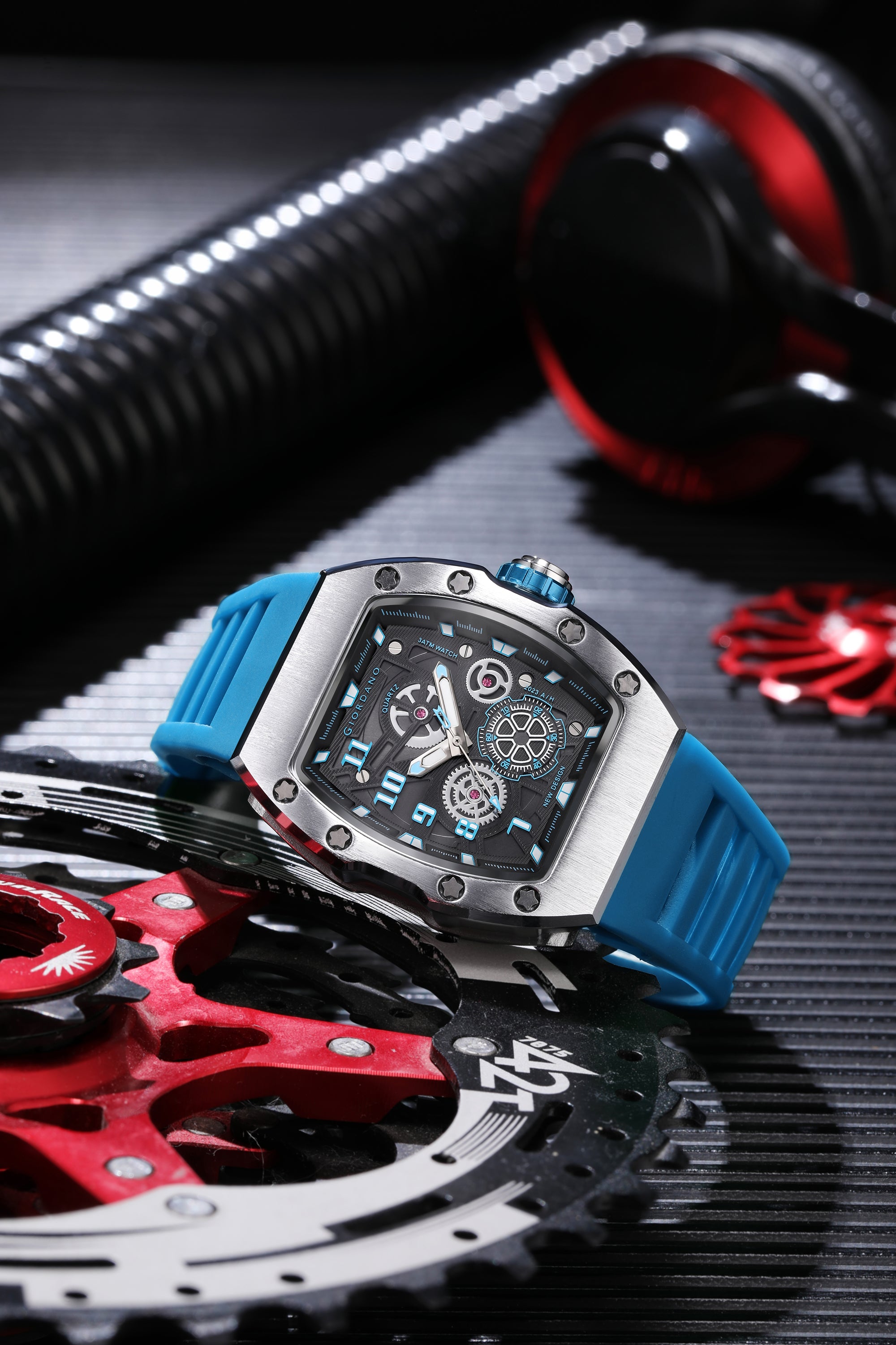 Giordano Sqaure Analog Casual Sporty Watch for Men – Mechanical-Inspired Design dial, Quartz Movement, silicon strap and date display | GZ-50150-04