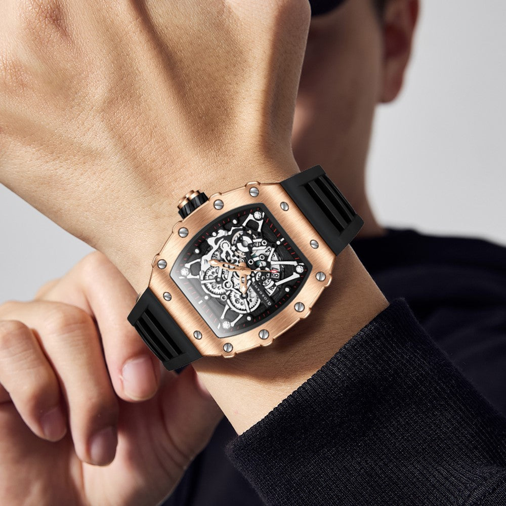 Giordano Analog Watch for Men - Skeleton-Style Dial | Brushed Steel Case with Silicone Strap | GZ-50127-03