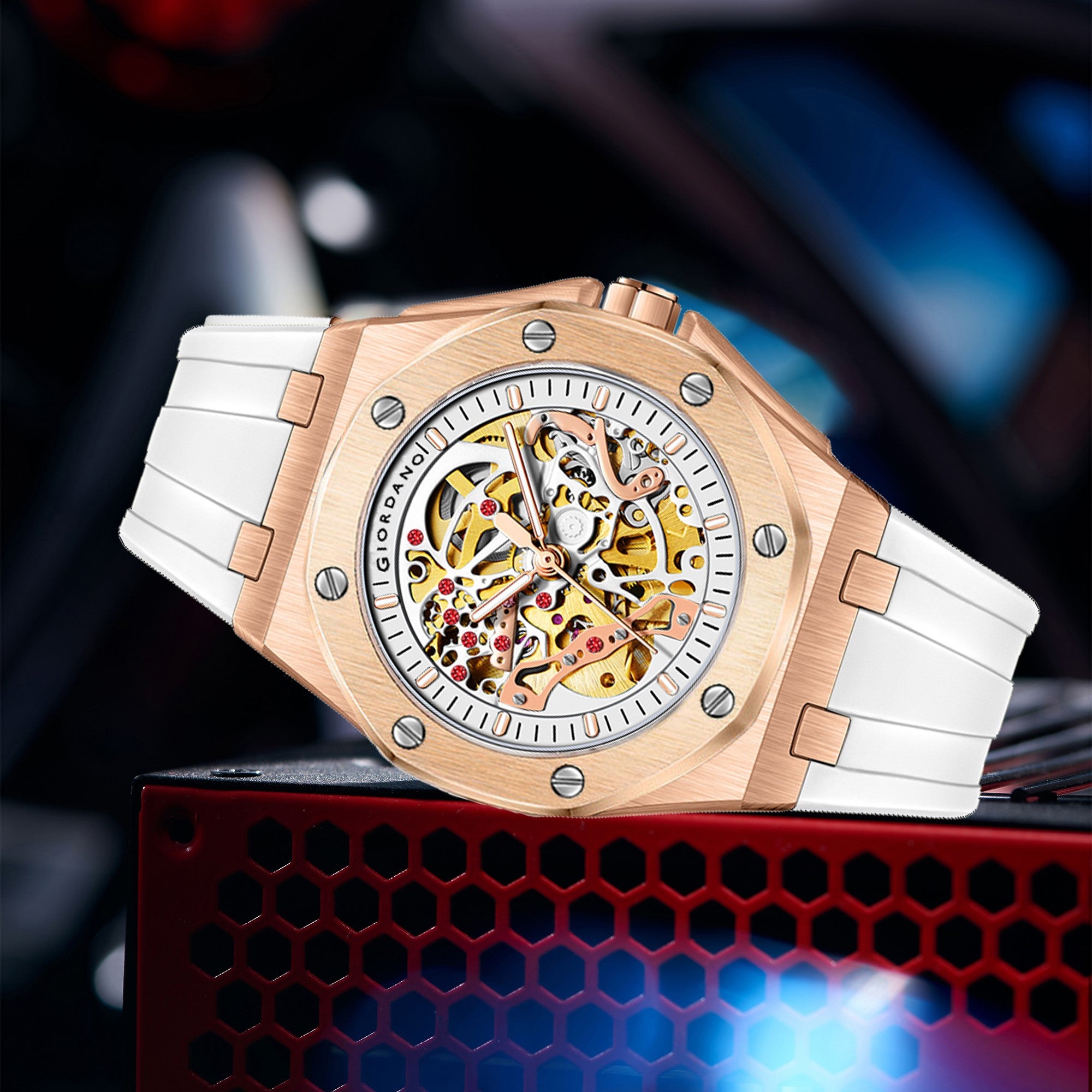 Giordano Automatic Watch for Men – Mechanical Skeleton Dial,Transparent Gear Display, Silicon Strap | GZ-50129-04