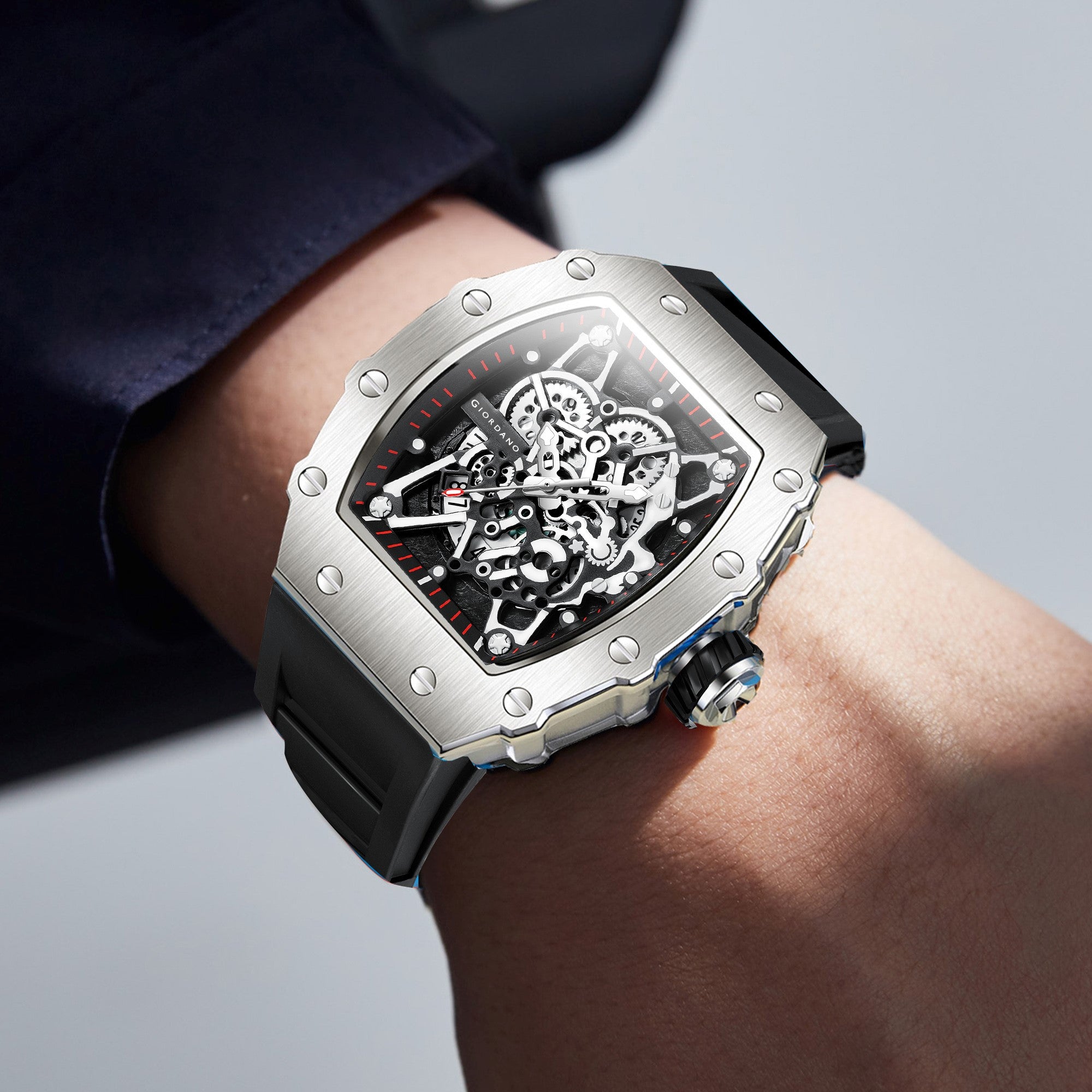 Giordano Analog Watch for Men - Skeleton-Style Dial | Brushed Steel Case with Silicone Strap | GZ-50127-02