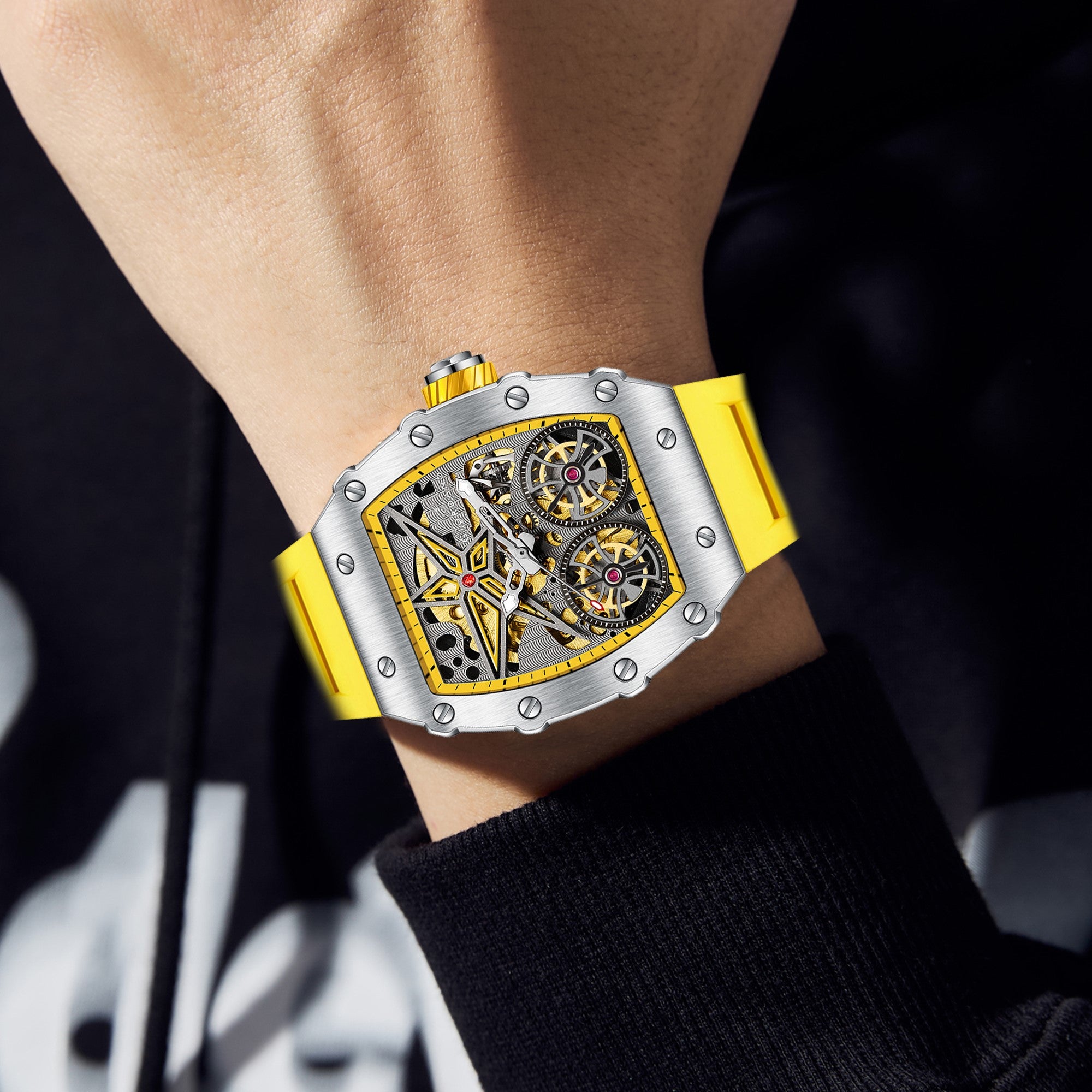 Giordano Luxury Automatic Watch for Men – Mechanical Skeleton Dial, Dual Gear Display,Silicon Strap | GZ-50128-03