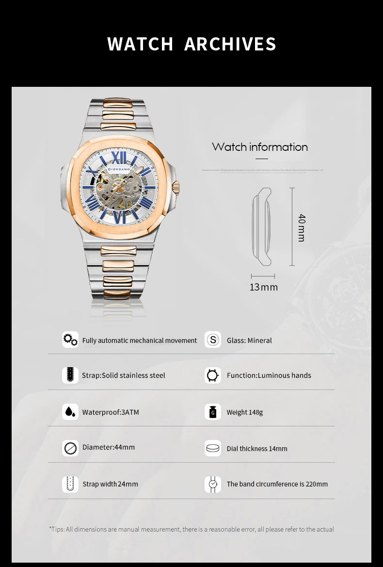 Giordano Dual-Tone Skeleton Automatic Stainless Steel Watch for Men with Luxurious Gold Accent Case | GZ-50114-44