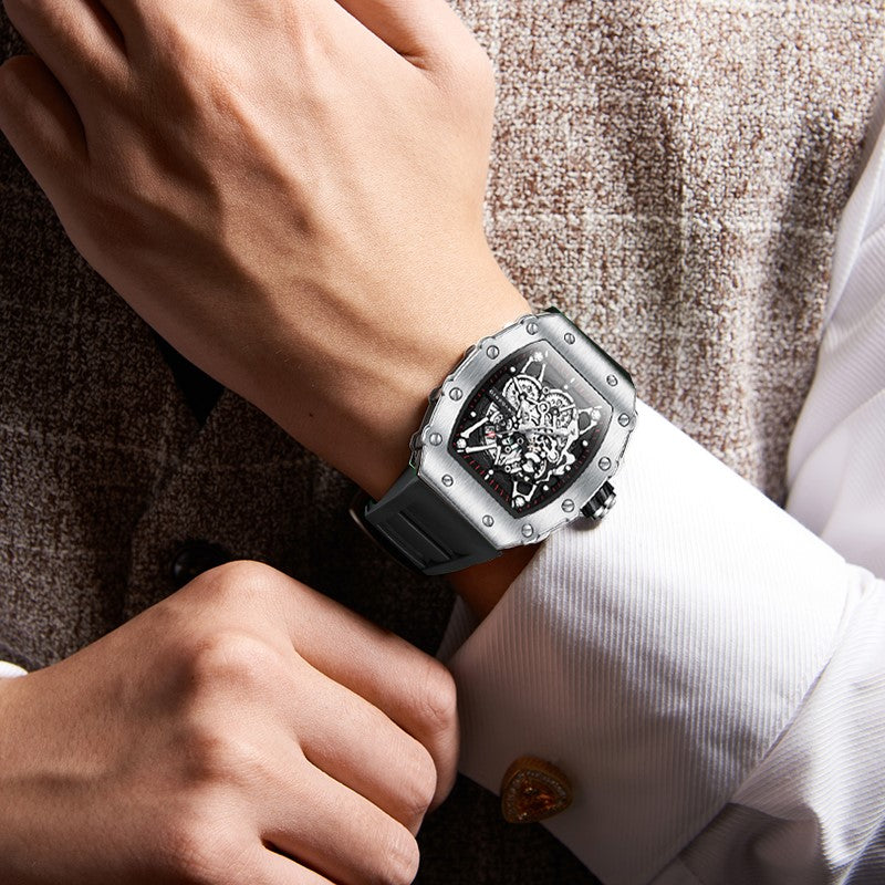 Giordano Analog Watch for Men - Skeleton-Style Dial | Brushed Steel Case with Silicone Strap | GZ-50127-02