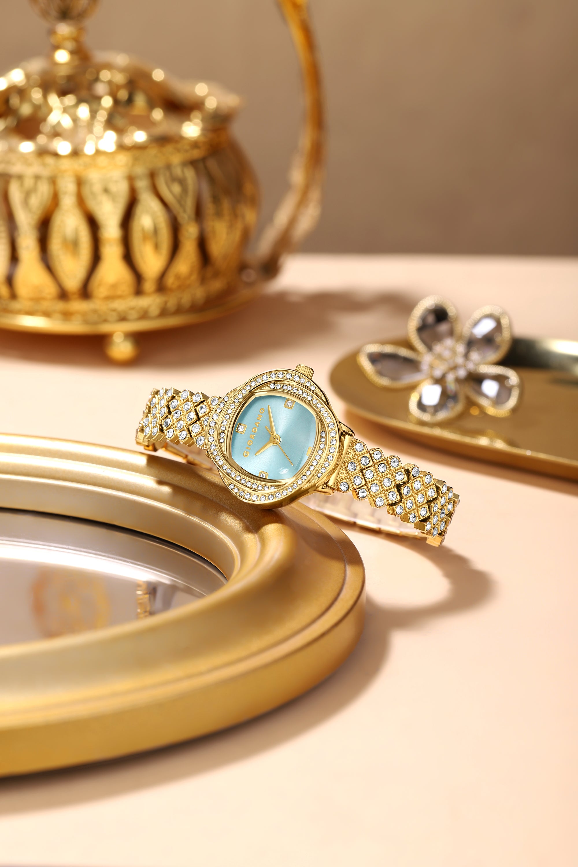 Giordano Luxury Crystal Watch for Women, Stainless Steel Strap, Diamond-Studded Bezel, Elegant Dress Timepiece | GZ-60120-33