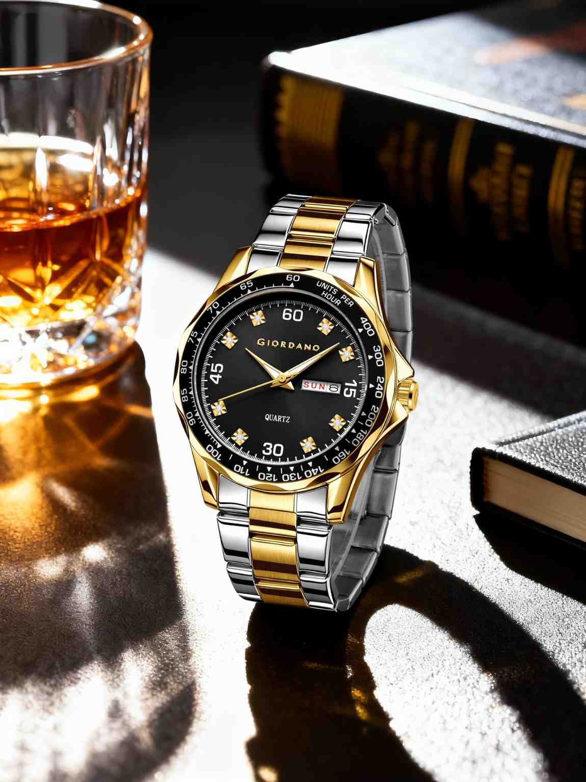 GIORDANO Two-Tone Analog Watch for Men - Crystal Hour Markers, Textured Bezel Design,  Day & Date Display, Stainless Steel Strap, Quartz Movement - GZ-50177-11