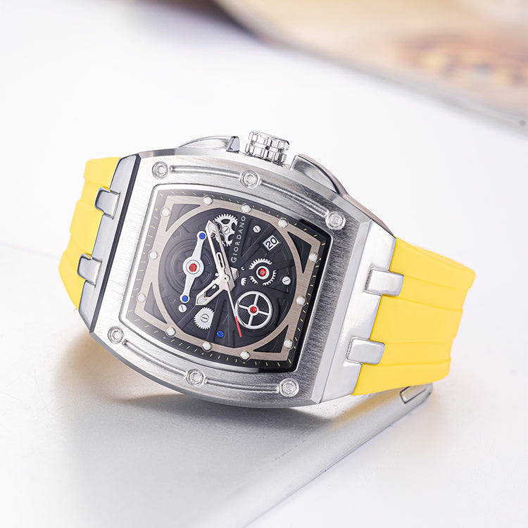 Giordano Sqaure Analog Casual Sporty Watch for Men – Mechanical-Inspired Dial, Date Display, Quartz Movement and Comfortable Silicone Strap | GZ-50151-04