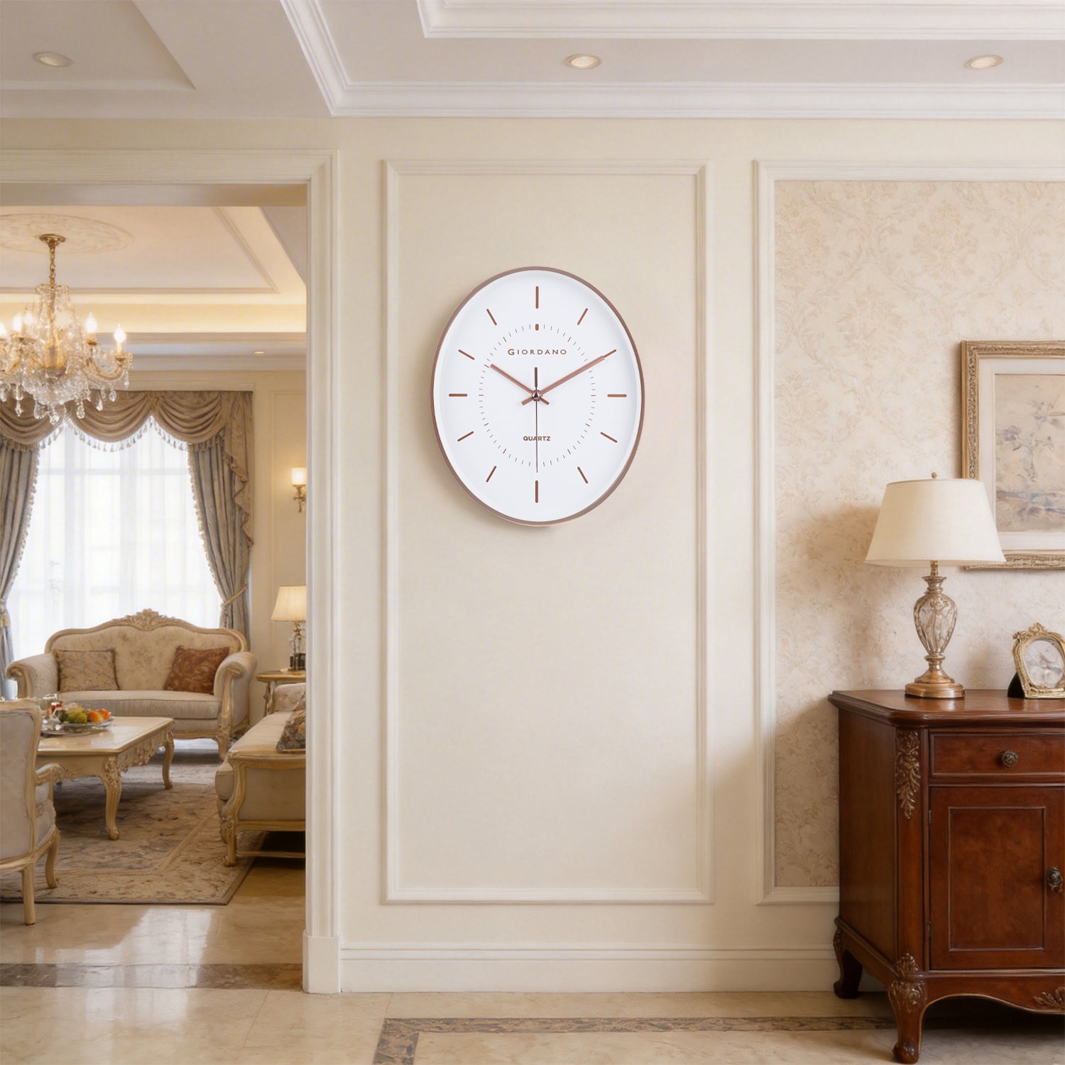 Giordano Wall Clock, Silent Sweep Non-Ticking Quartz Movement, 12.6 Inch(32 cm) HD Glass White Dial, Rose Gold Oval Plastic Frame, Metal Hand - GDCLTY1001RGWHT