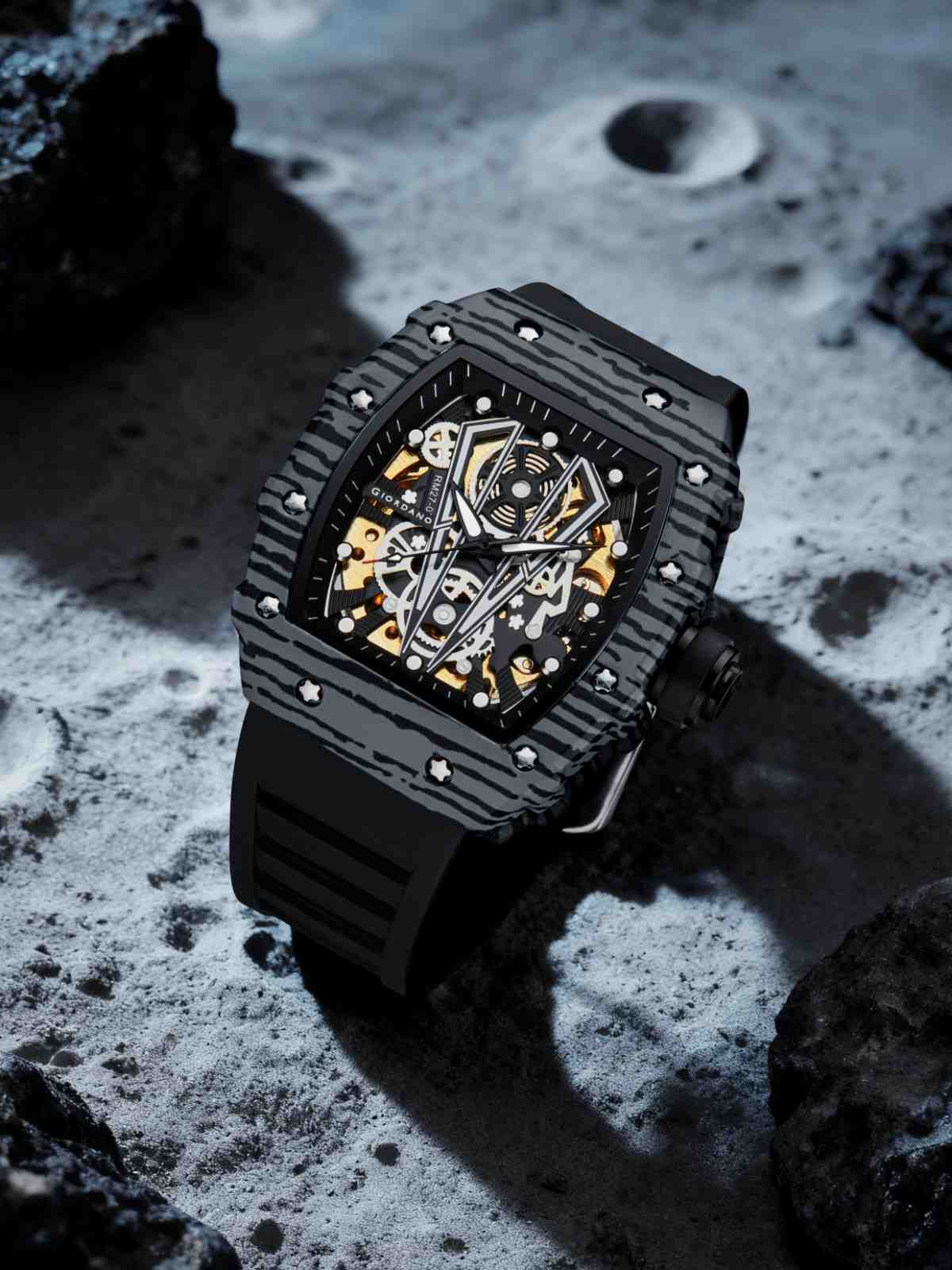 GIORDANO Automatic Square Watch for Men with Skeleton Design, Rugged Textured Case, Luminous Hands, and Silicone Strap - GZ-50181-11