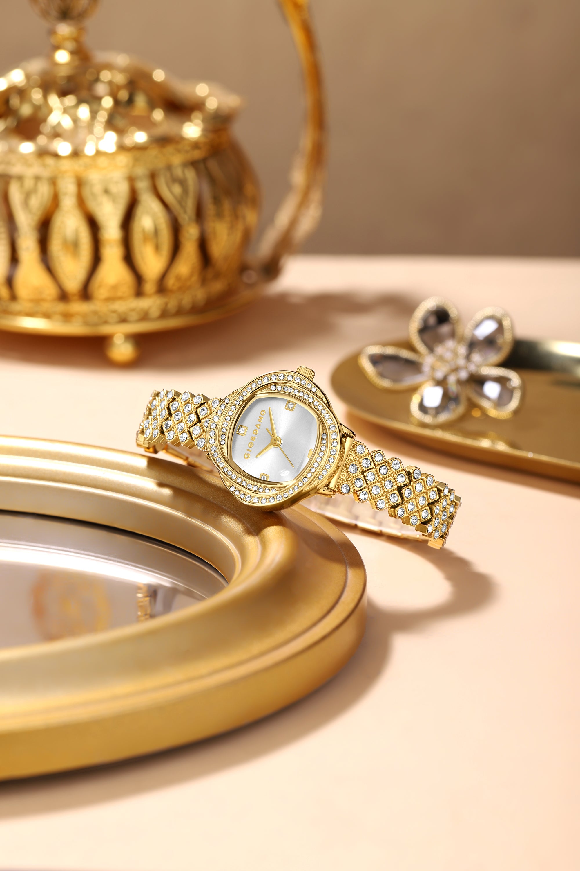 Giordano Luxury Crystal Watch for Women, Stainless Steel Strap, Diamond-Studded Bezel, Elegant Dress Timepiece | GZ-60120-11