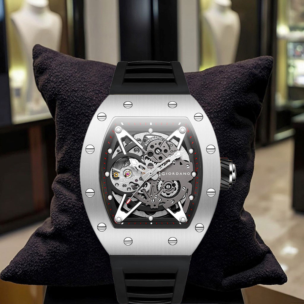 Giordano Automatic Wrist Watch for Men - Open Skeleton Dial | Brushed Steel Case Mechanical Movement with Silicone Strap | GZ-50145-02