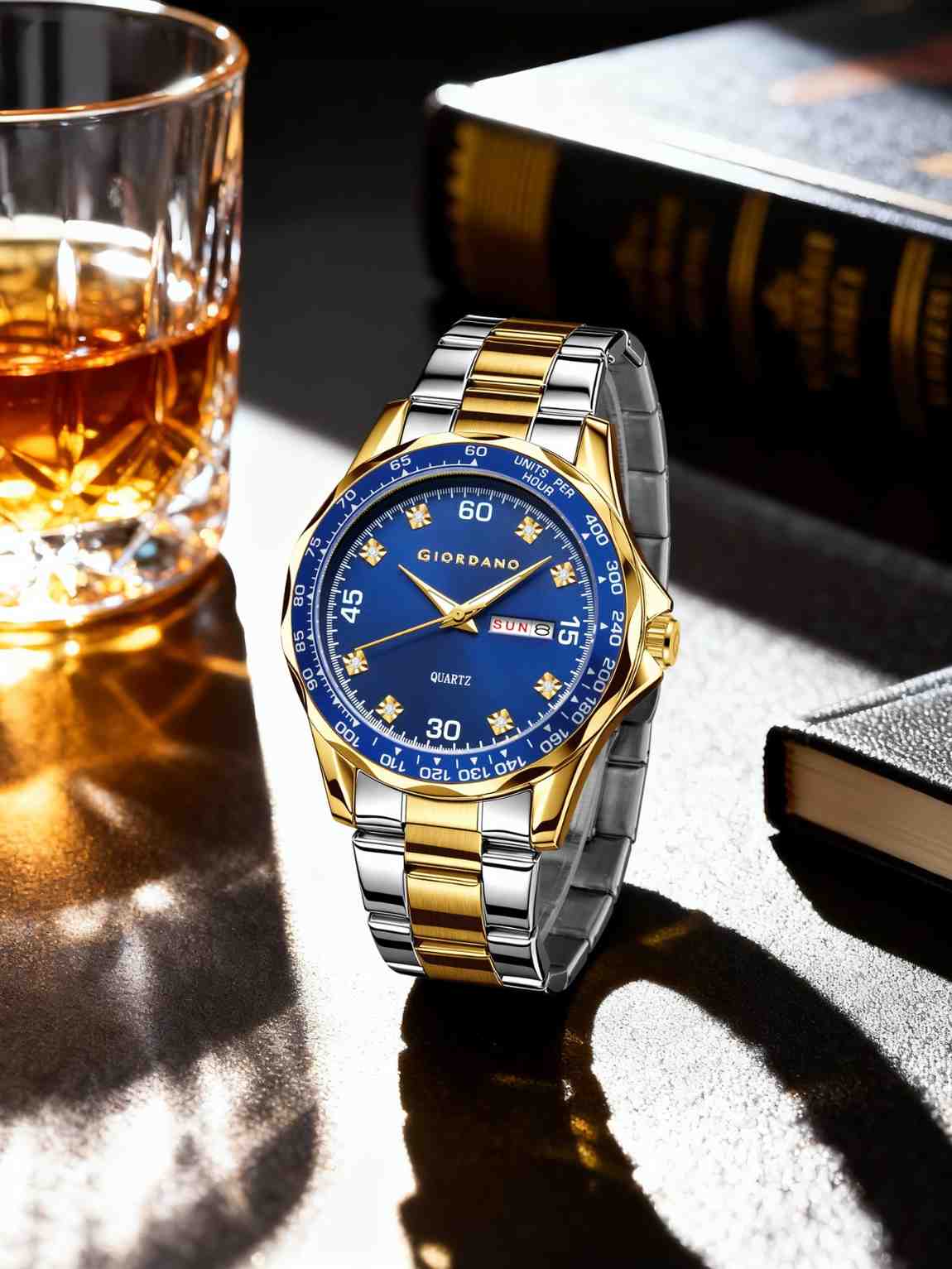 GIORDANO Two-Tone Analog Watch for Men - Crystal Hour Markers, Textured Bezel Design,  Day & Date Display, Stainless Steel Strap, Quartz Movement - GZ-50177-22