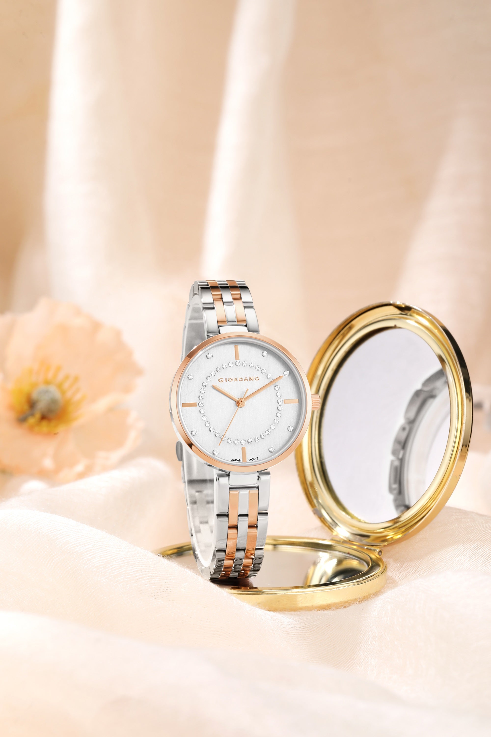 Giordano Stylish Analog Watch for Women with Diamond Studed Dial with Crystal Hour Markers and Stainless Steel Strap - GZ-60077-55