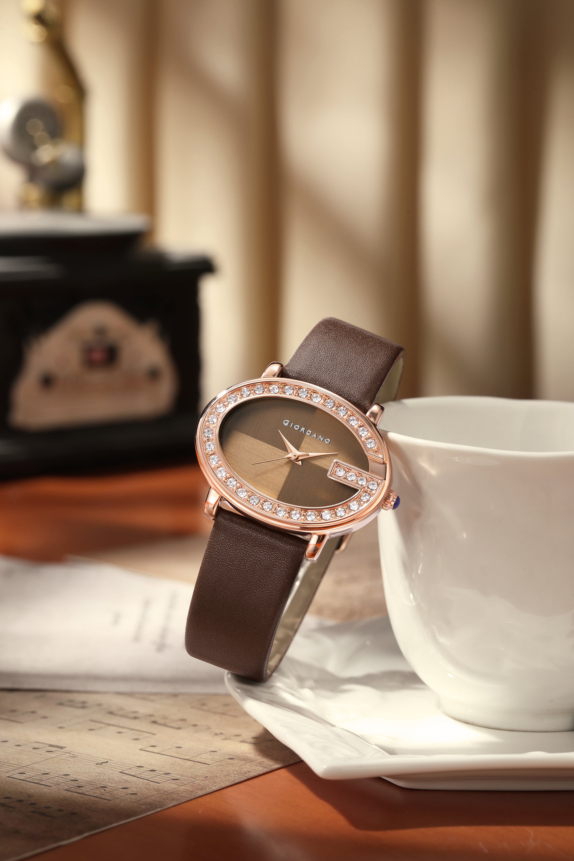 Giordano Monogram Watch for Women with Elegant Oval Shape Dial ,crystal bezel, Quartz Movement and Leather Strap | GZ-60105-03