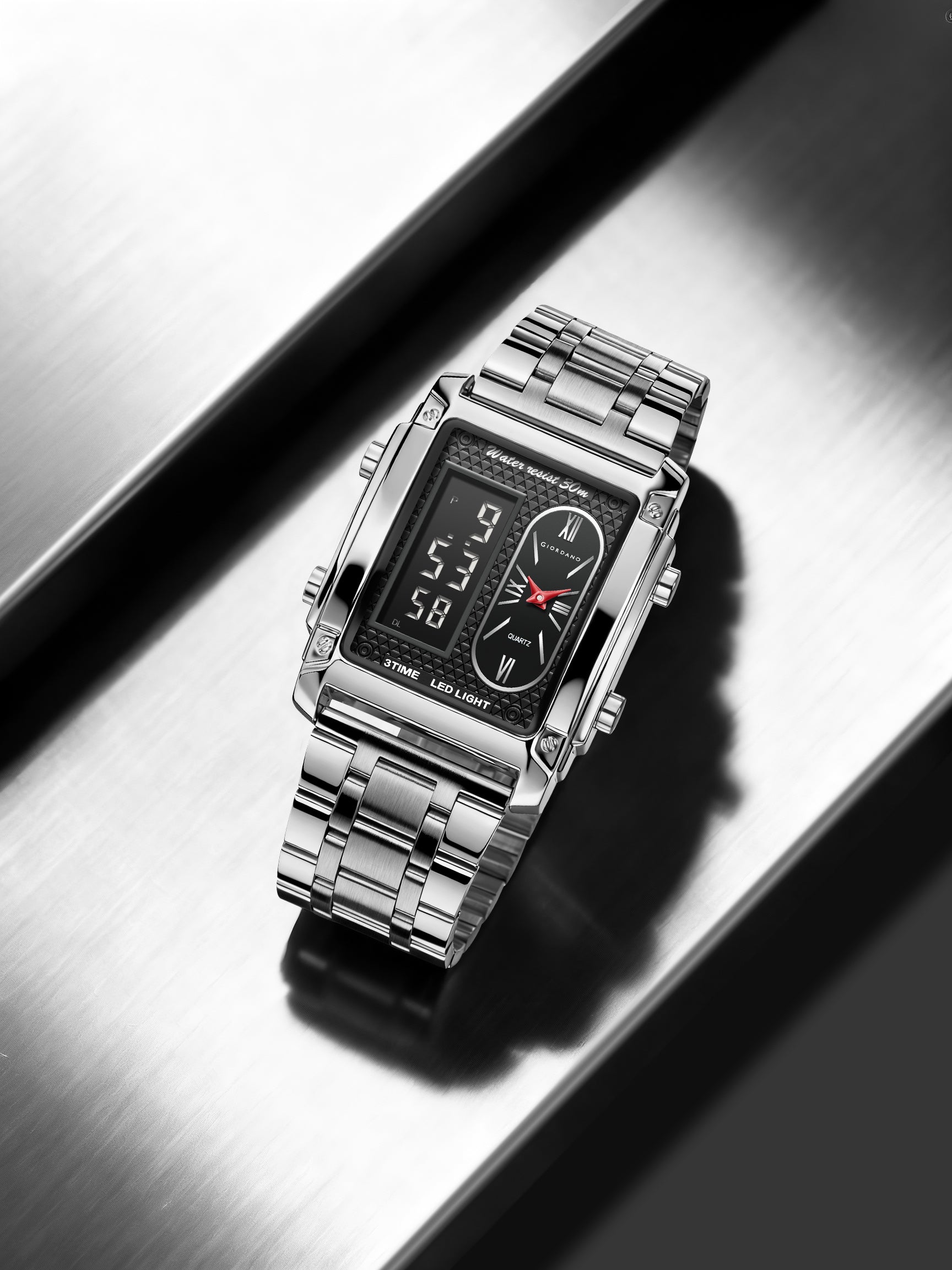 Giordano Analog-Digital Display Watch for Men Quartz Movement, LED Light, Dual Time, Date Function, Stainless Steel Strap - GZ-50184-33