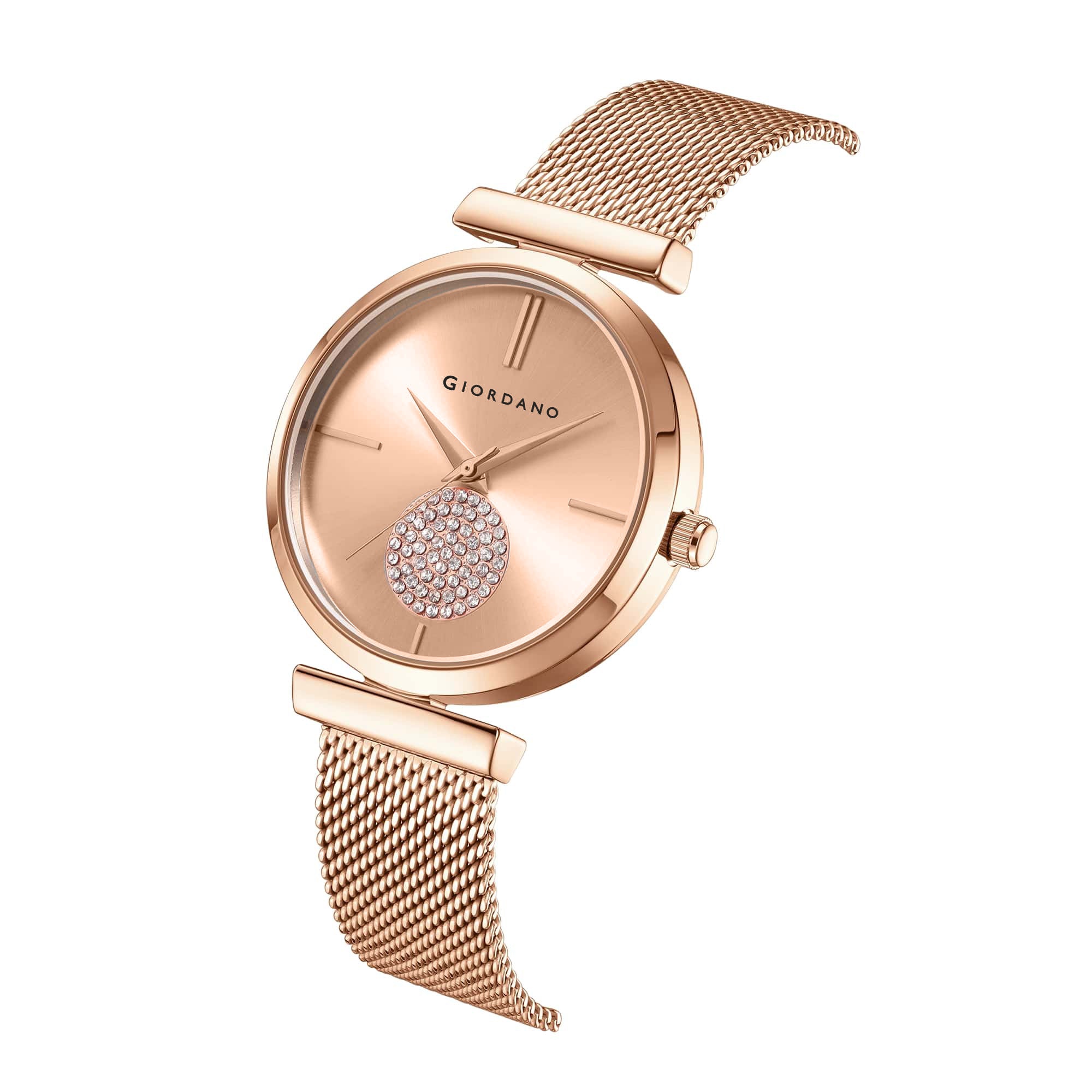 Giordano Eleganza Collection Analog Watch for Women with Crystal Studded Dial and Metallic Mesh Strap GD-4066-33
