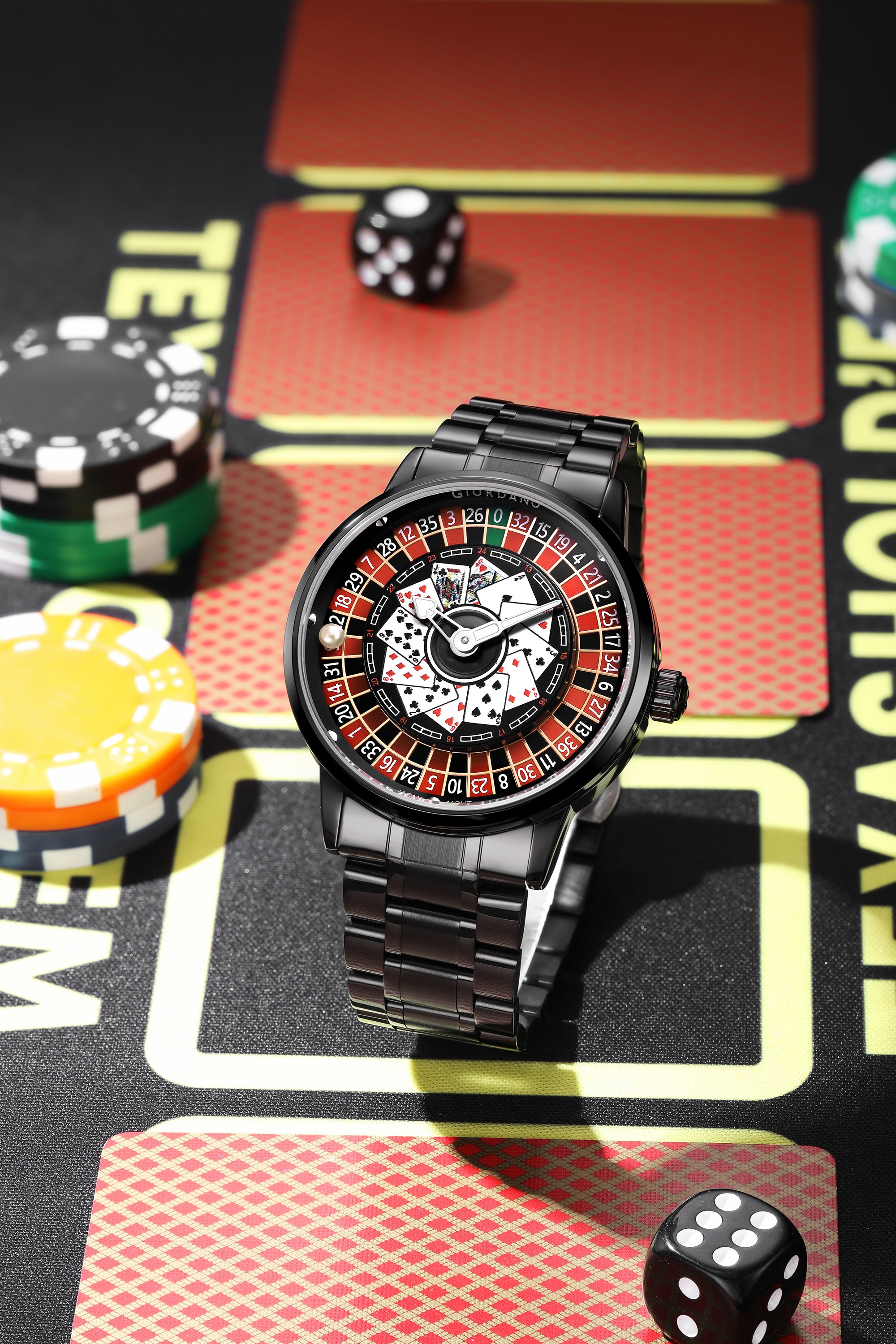 Giordano Casino Royale Analog Watch for Men– Unique Poker & Roulette Dial Design with Stainless Steel Strap – Stylish Luxury Watch GZ-50136-11
