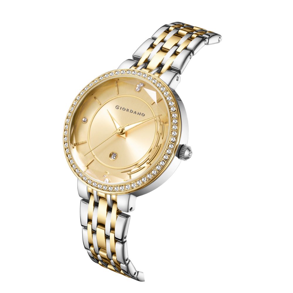 Giordano Stylish Analog Watch for Women – Round cut glass Dial,diamond studed bezel, stainess steel strap and date display | GZ-60110-33