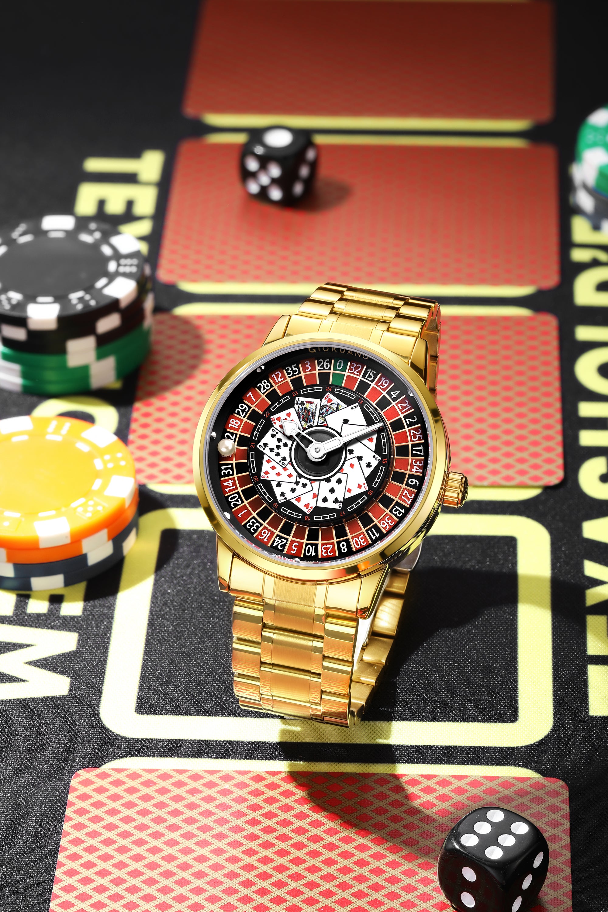 Giordano Casino Royale Analog Watch for Men– Unique Poker & Roulette Dial Design with Stainless Steel Strap – Stylish Luxury Watch GZ-50136-22