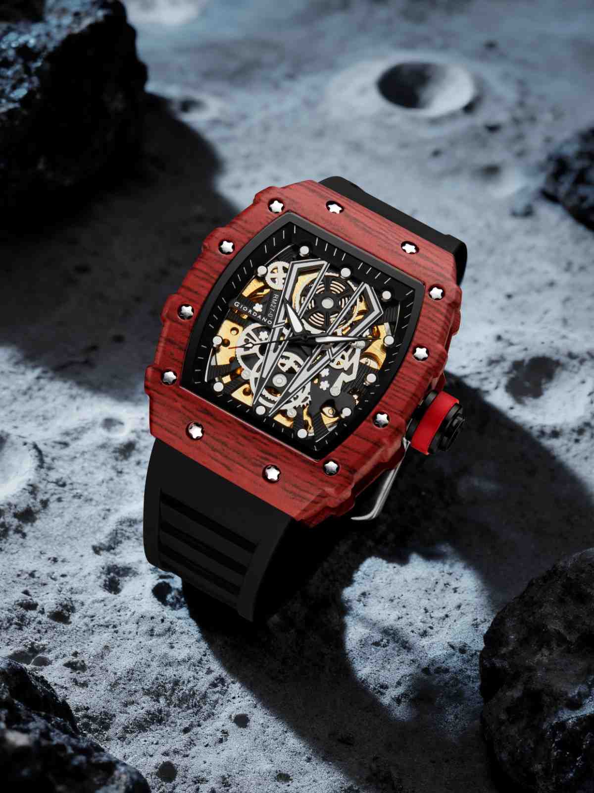 GIORDANO Automatic Square Watch for Men with Skeleton Design, Rugged Textured Case, Luminous Hands, and Silicone Strap - GZ-50181-22