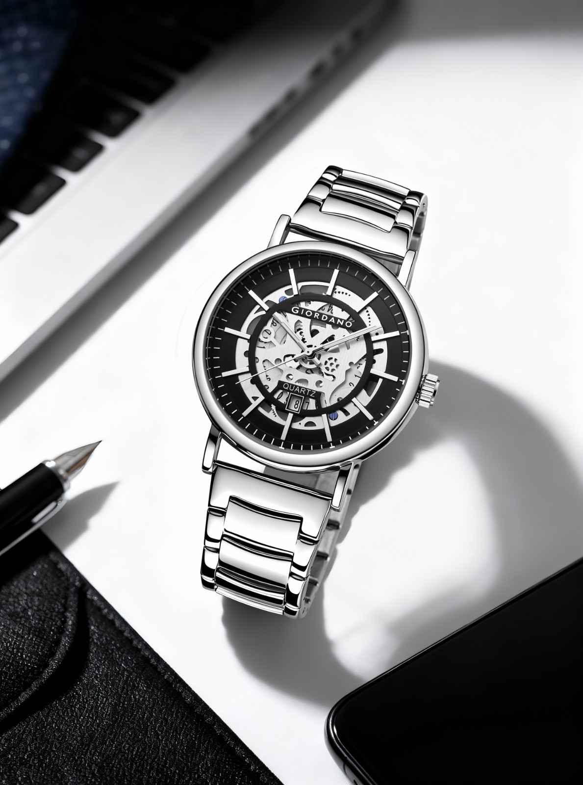 GIORDANO Classic Skeleton Design Watch for Men with Super Luminous Hands, Stainless Steel Strap, and Date Display - GZ-50182-22