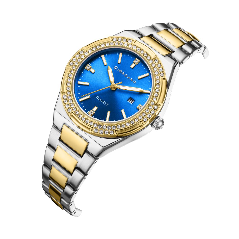 Giordano Analog watch for women with Crystal Bezel, round gloss finish dial, stainless steel strap and date display | GZ-60112-44