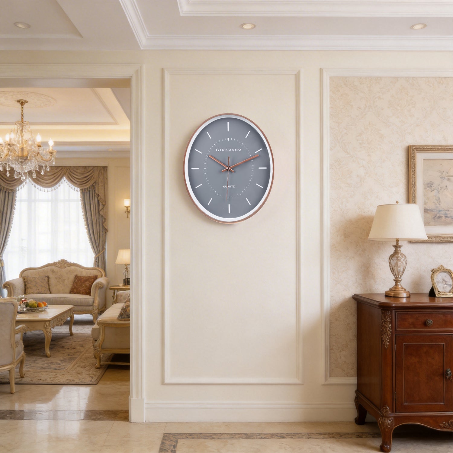 Giordano Wall Clock, Silent Sweep Non-Ticking Quartz Movement, 12.6 Inch(32 cm) HD Glass Grey Dial, Rose Gold Oval Plastic Frame, Metal Hand - GDCLTY1001RGGRY