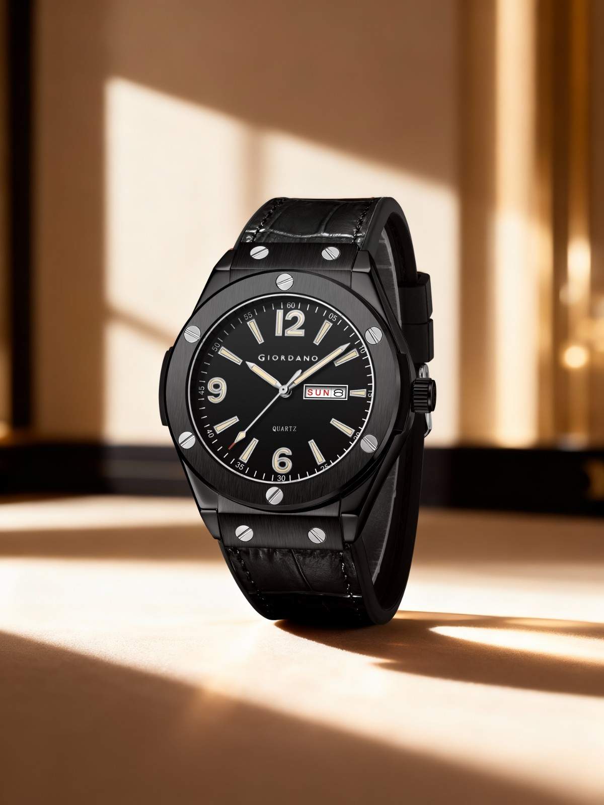 GIORDANO Luxury Watch for Men with Leather Strap, Day-Date Display, Brushed Metal Finish, and Silver Screw Details - GZ-50176-01