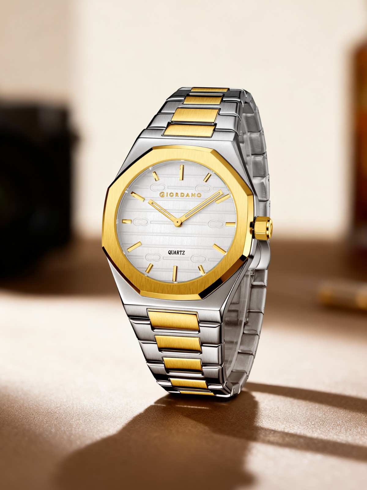 GIORDANO Elegant Analog Watch for Men with Octagonal Textured Dial, Stainless Steel Strap, Luminous Markers, and Quartz Movement - GZ-50178-33