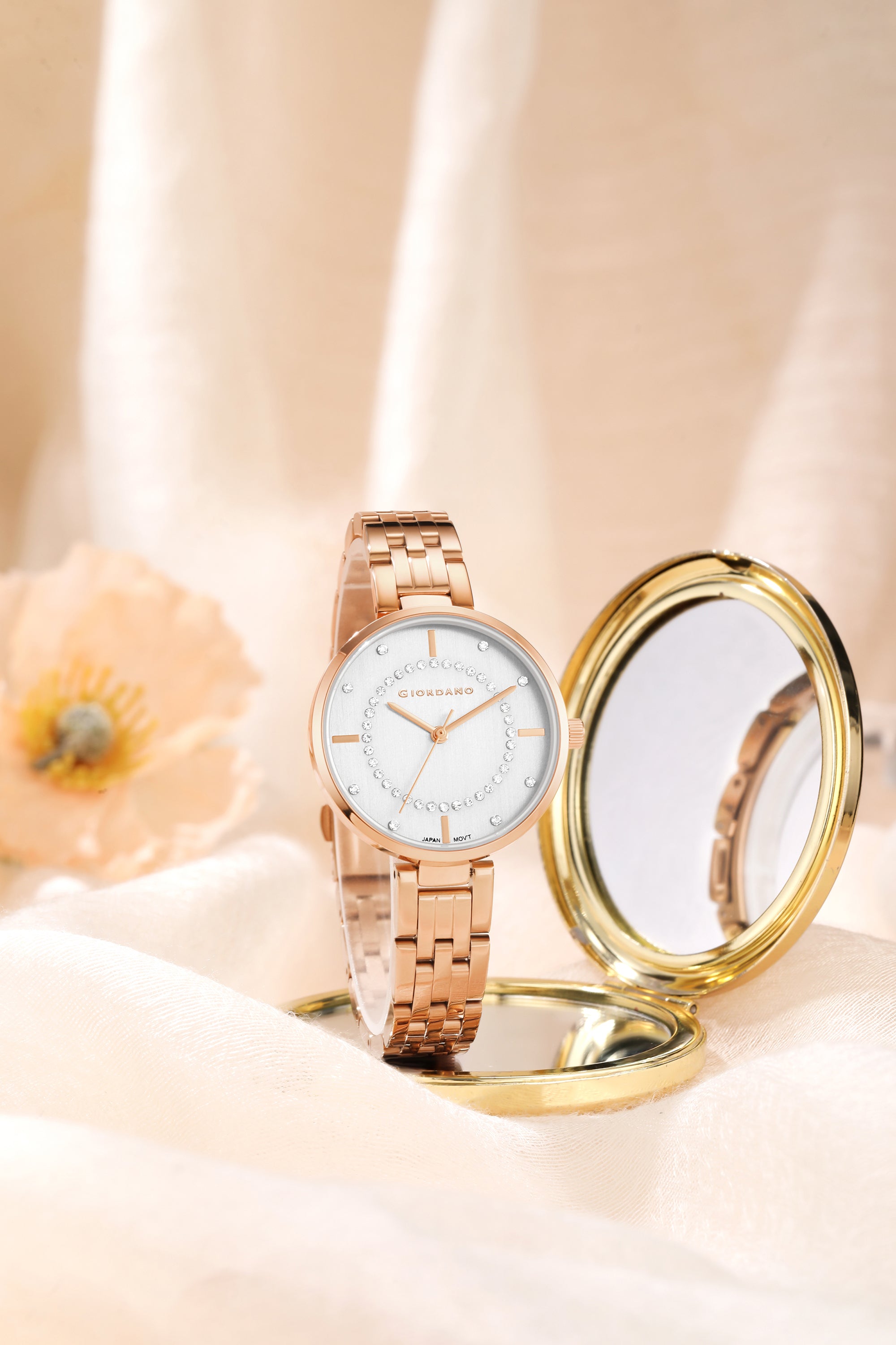 Giordano Stylish Analog Watch for Women with Diamond Studed Dial with Crystal Hour Markers and Stainless Steel Strap - GZ-60077-77