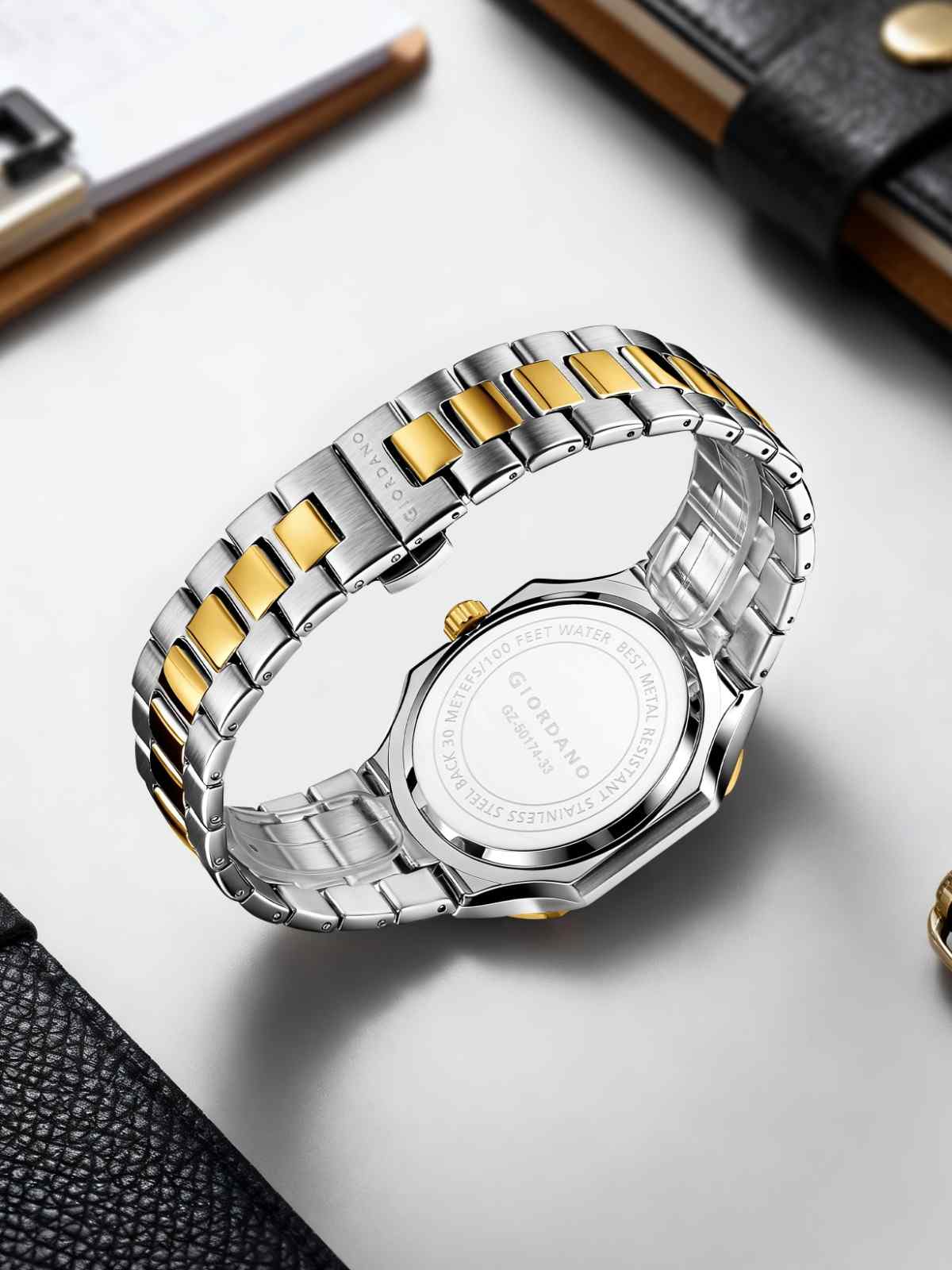 GIORDANO Analog Square Watch for Men – Textured Dial, Two-Tone Stainless Steel Strap, Quartz Movement and Date Display - GZ-50174-33