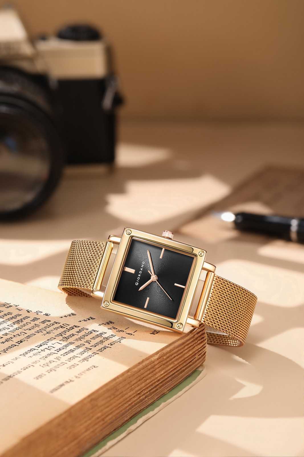 GIORDANO Classic Analog Watch for Women | Sunray Square Dial, Minimal Index Markers & Stainless Steel Mesh Strap - GZ-60124-11