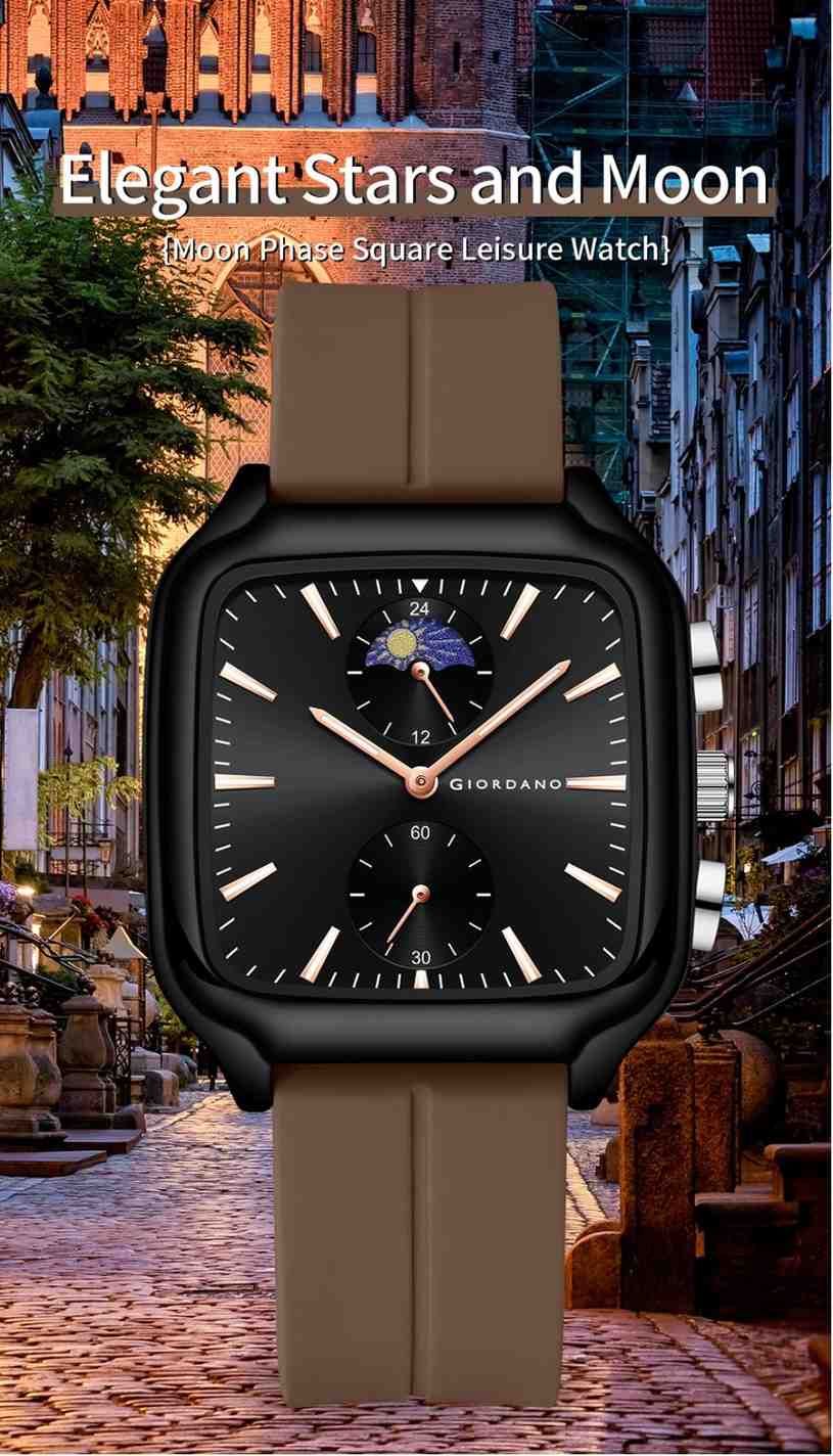 Giordano Premium Square Case Watch for Men | Moon Phase/24-Hour Indicator, Dual Subdials, Silicone Strap GZ-50166-02