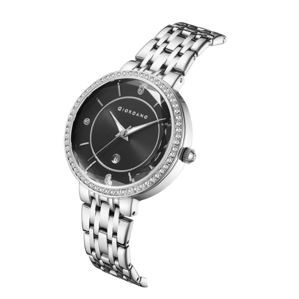 Giordano Stylish Analog Watch for Women – Round cut glass Dial,diamond studed bezel, stainess steel strap and date display | GZ-60110-11