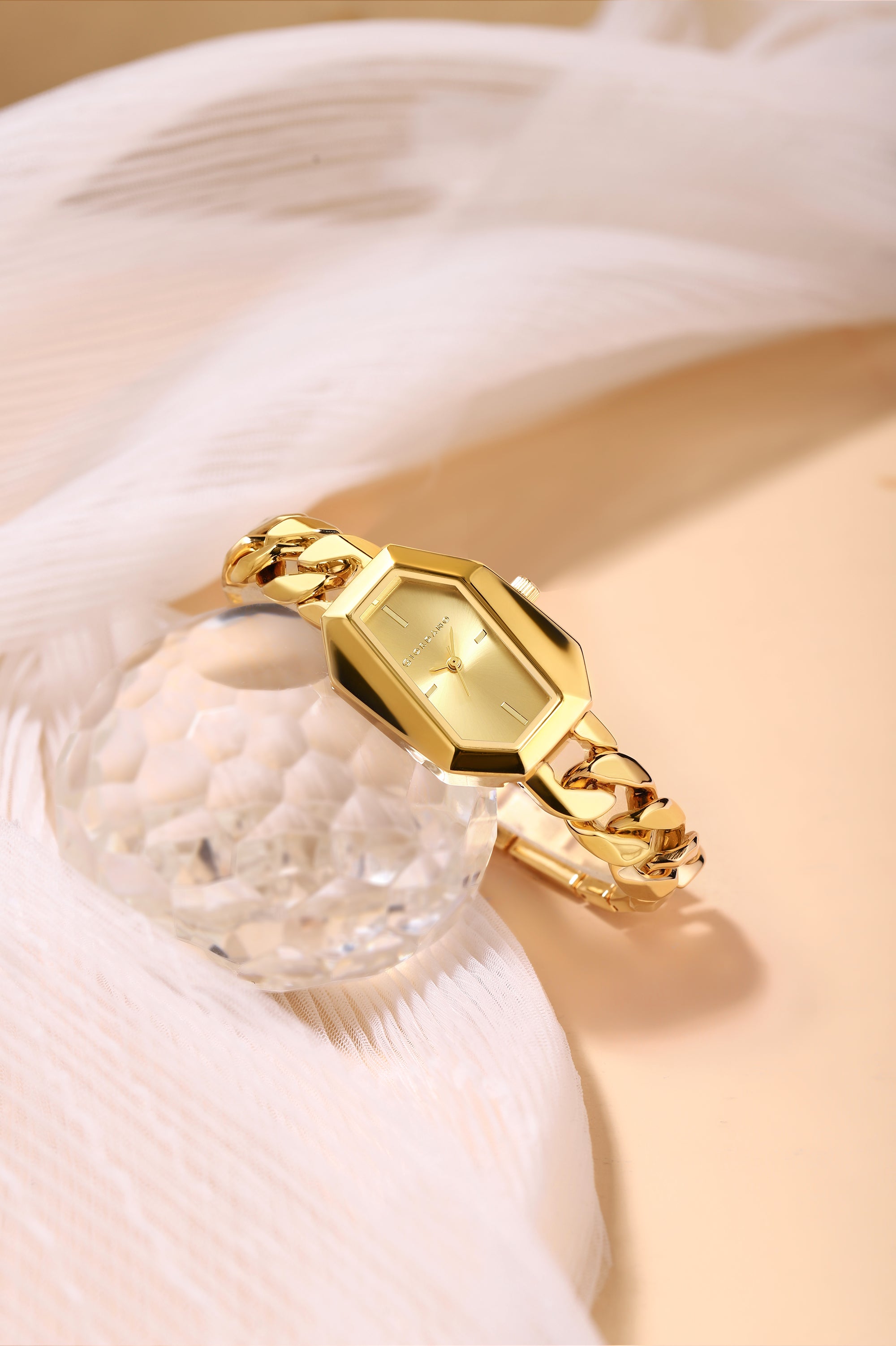 Giordano Stylish Analog Watch for Women – Hexagon Dial, Trendy Chain Link Stainless Steel Strap, Elegant Dress Timepiece | GZ-60122-33