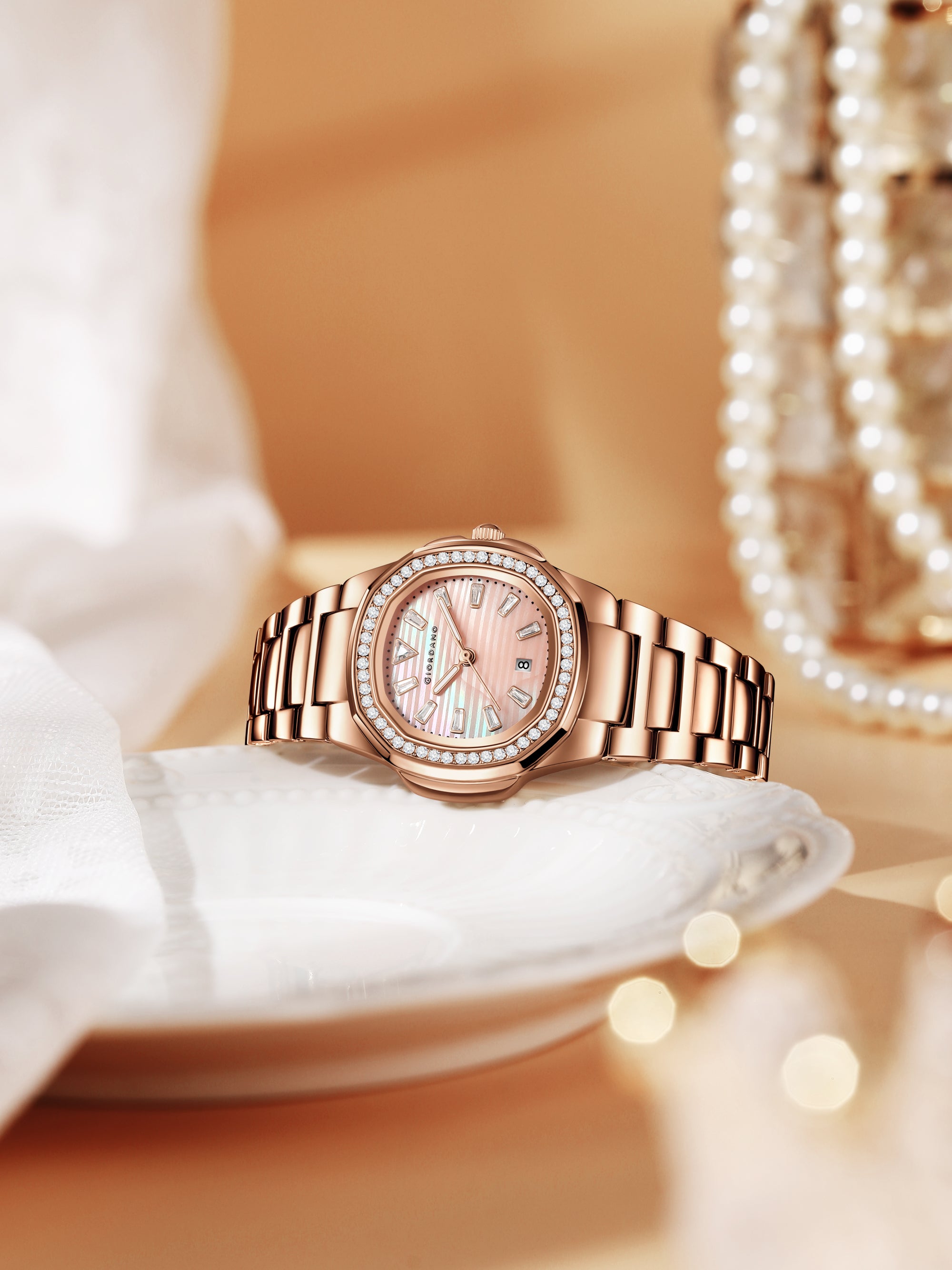 Giordano Luxury Watch for Women with Crystal Indices,Textured Dial, Stainless Steel Strap and Date Display | GZ-60116-55