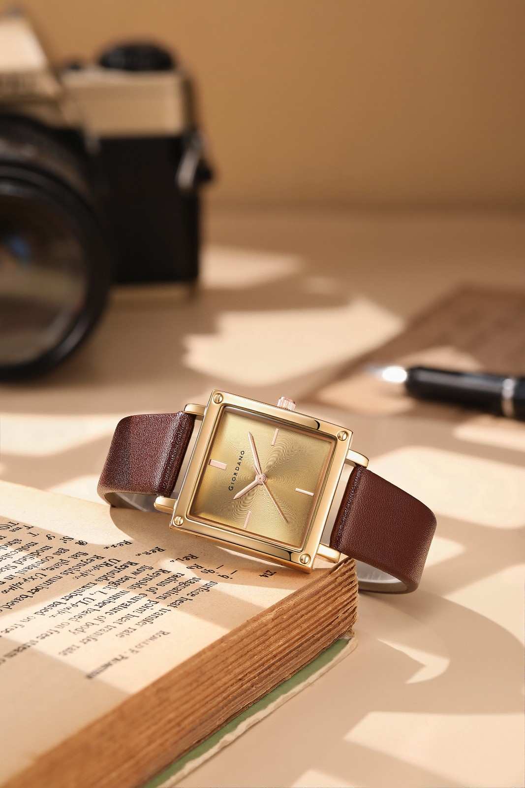 GIORDANO Classic Analog Watch for Women | Sunray Square Dial, Minimal Index Markers & Leather Strap - GZ-60124-01