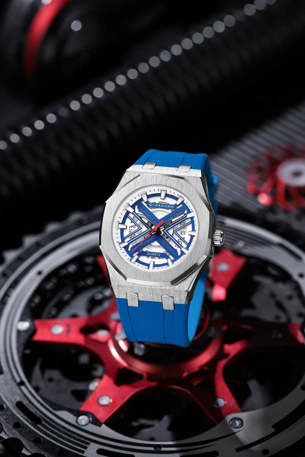 Giordano Analog Quartz Watch for Men – Bold Octagonal Case, Skeleton-Style Dial with Red Seconds Hand, Textured Rubber Strap, Sporty Casual Timepiece - GZ-50185-33