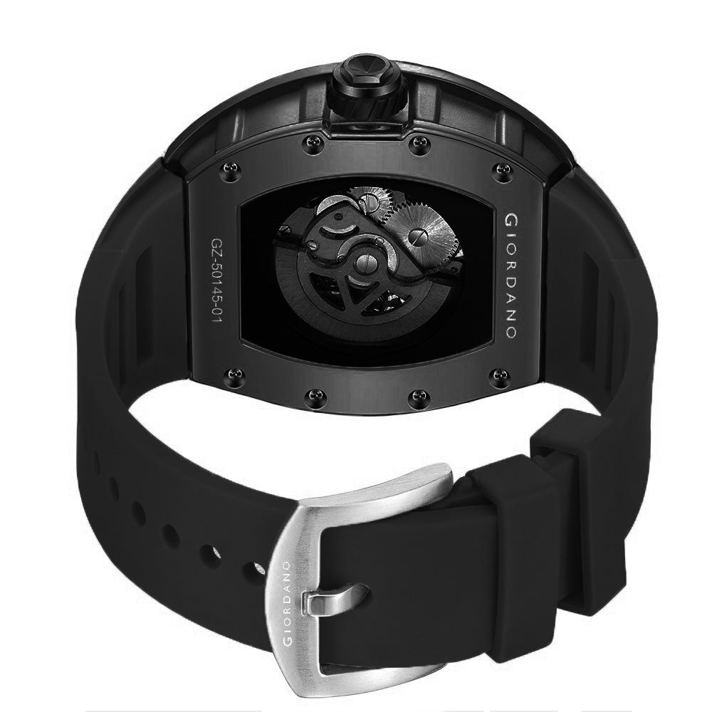 Giordano Automatic Wrist Watch for Men - Open Skeleton Dial | Brushed Steel Case Mechanical Movement with Silicone Strap | GZ-50145-01
