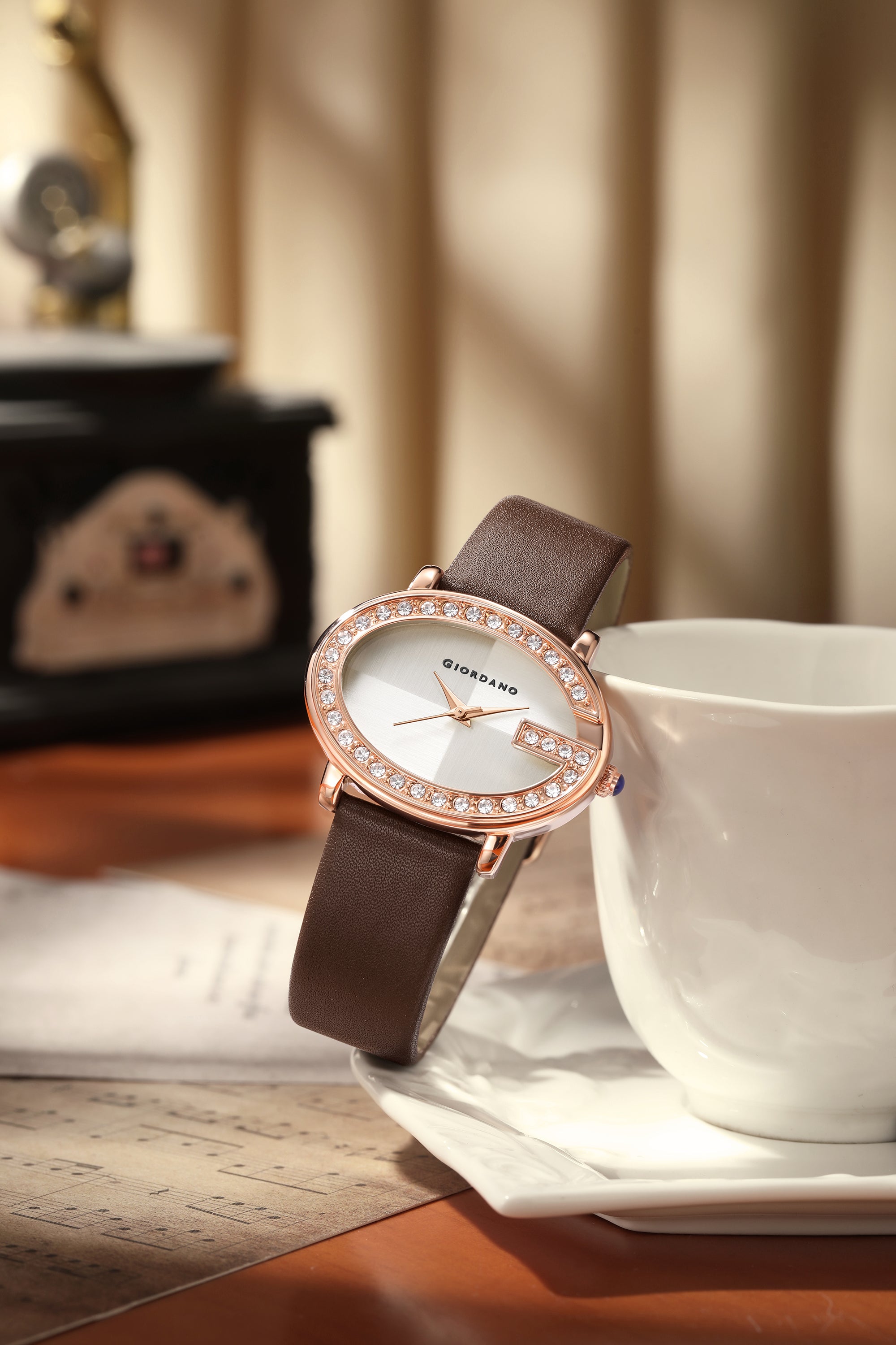 Giordano Monogram Watch for Women with Elegant Oval Shape Dial ,crystal bezel, Quartz Movement and Leather Strap | GZ-60105-02
