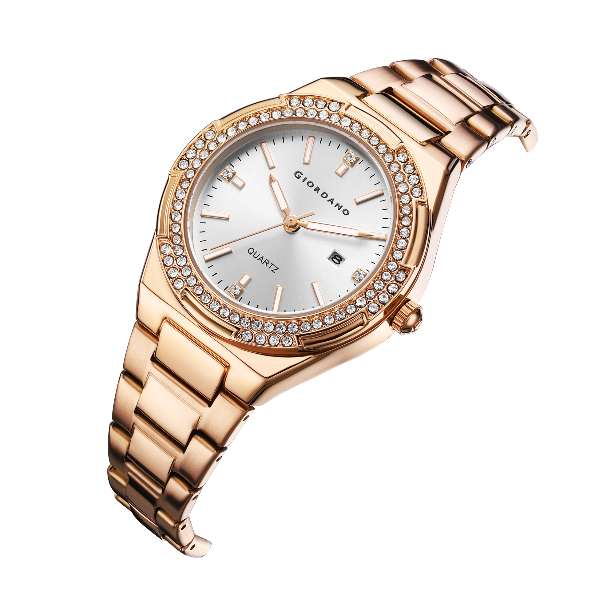 Giordano Analog watch for women with Crystal Bezel, round gloss finish dial, stainless steel strap and date display | GZ-60112-11